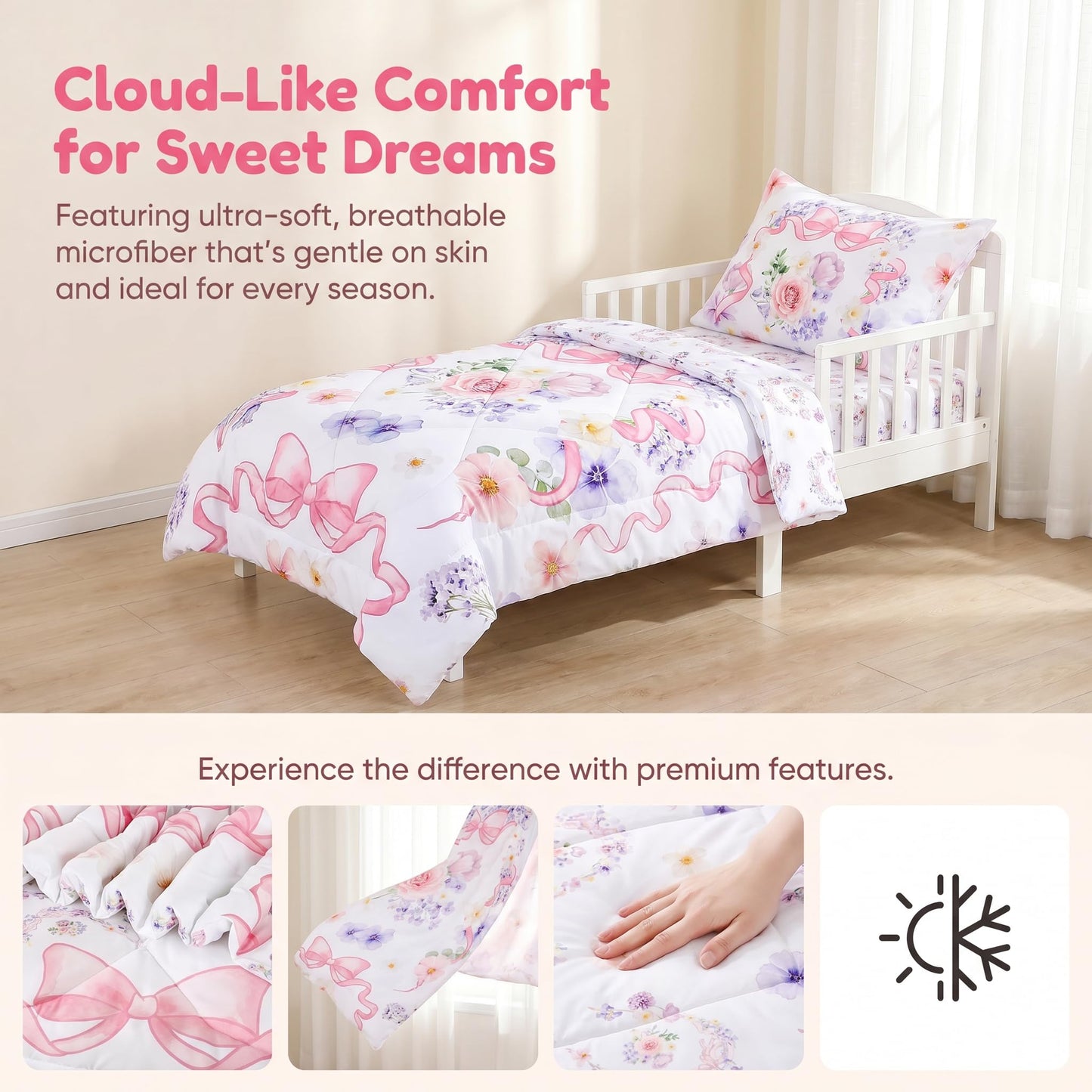 Pea Pod Floral Toddler Bedding Set for Girls, 4 Piece Bed-in-a-Bag Toddler Comforter Sets Cute Bowknot Princess Crib Bed Set | Include Quilt Comforter, Flat Sheet, Fitted Sheet, Pillowcase, Super Soft