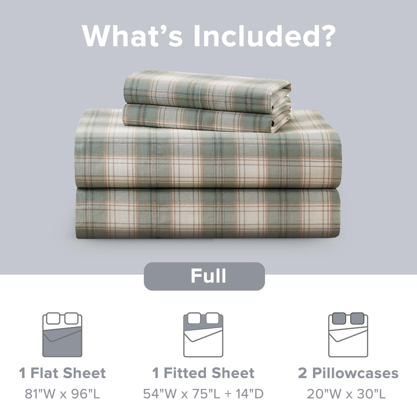 Comfort Spaces 100% Cotton Sheets Full, Breathable, Naturally Cool Cotton Sheets, Soft Cotton Bed Sheets with 14" Elastic Pocket Fits up to 16" Mattress, All Seasons Sheet Set, Wesley Green 4 Piece