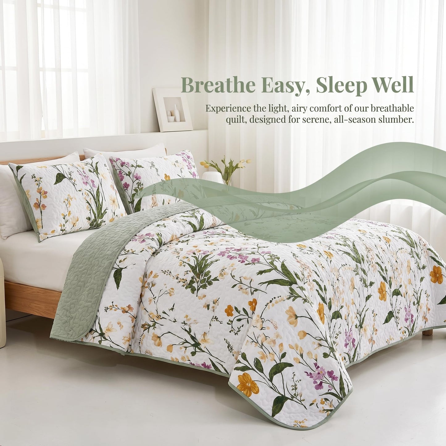 SANOCAY Boho Floral Quilt Set King Size 3 Piece Lightweight Summer Bedding Set with 2 Pillow Shams Soft Reversible Microfiber Bedspread Farmhouse Coverlet for All Season (Minimalist Floral, King)