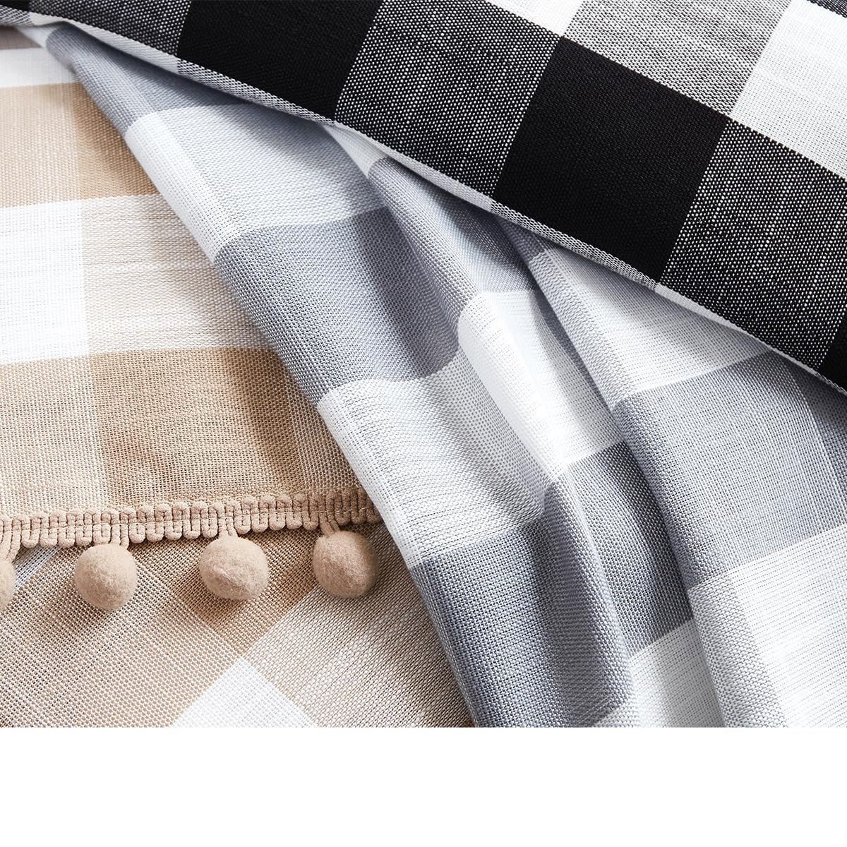 Treatmentex Pompom Buffalo Plaid Curtains 45" Kitchen Curtains Rustic Farmhouse Tan and White Check Curtain Panels for Small Windows Basement Bathroom Rod Pocket 2pcs