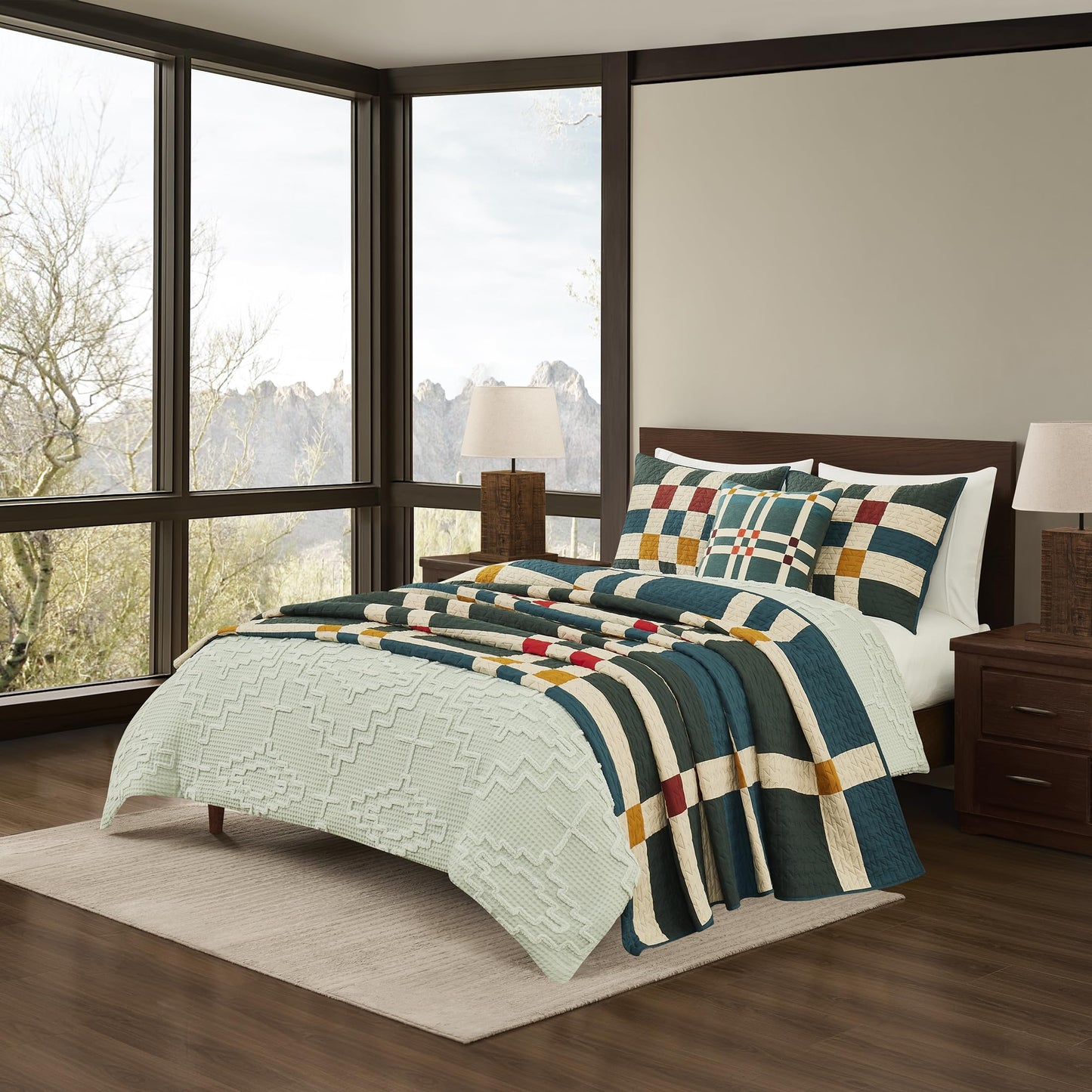 Pendleton King Quilt Set – 100% Cotton 3 Piece Quilt Set with Shams, Soft Lightweight Bedding for King Size Bed, Green & Tan Patterned Comforter Alternative, King Bedding Set (Four Square)