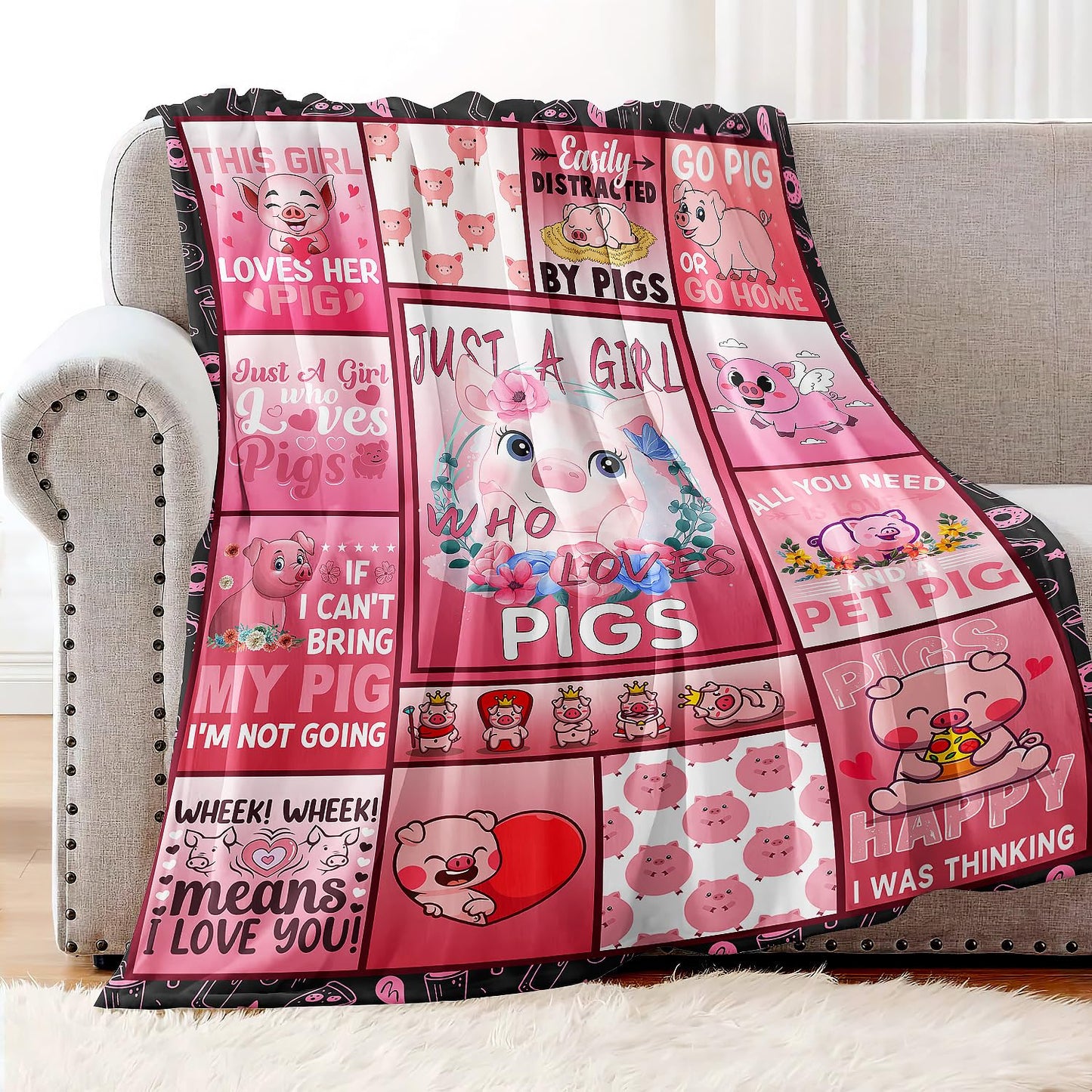 XSMEI Pig Throw Blanket, Cute Piggy Quotes Pattern, Soft Cozy Fleece Blanket for Couch Bed, 60 x 80 Inches