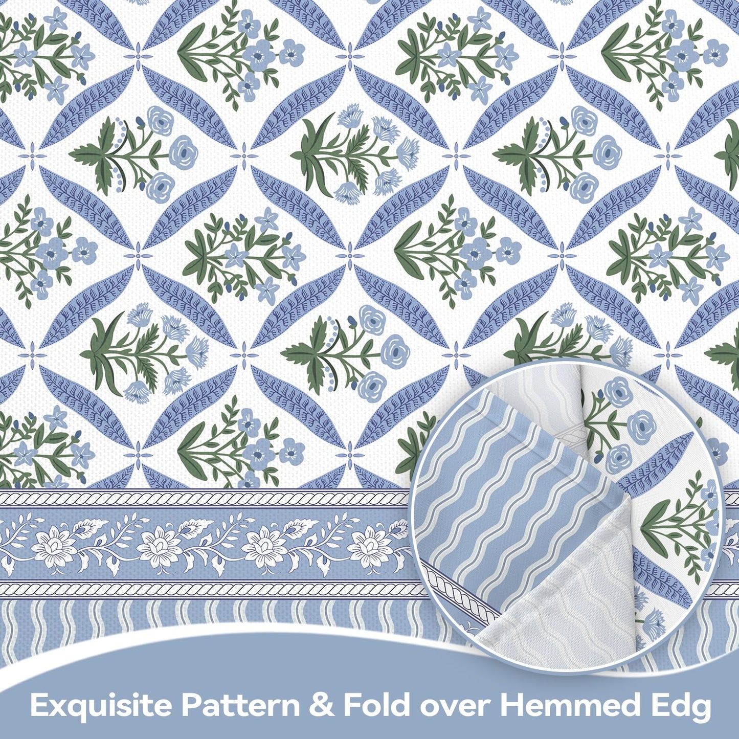 hometrixx Hand Block Print Rectangle Table Cloth Floral Farmhouse Washable Polyester Oil-Proof Tablecloth Stain Wrinkle Resistant Table Cover for Party Kitchen Decor Outdoor Picnic, 60x84 Blue