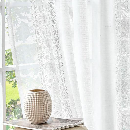 jinchan Weslie Floral White Sheer Curtains for Living Room 96 Inch Long Embroidered Voile Farmhouse Linen Curtains for Bedroom Bordered Flower Patterned Cottage Core Window Drapes 2 Panels Off White