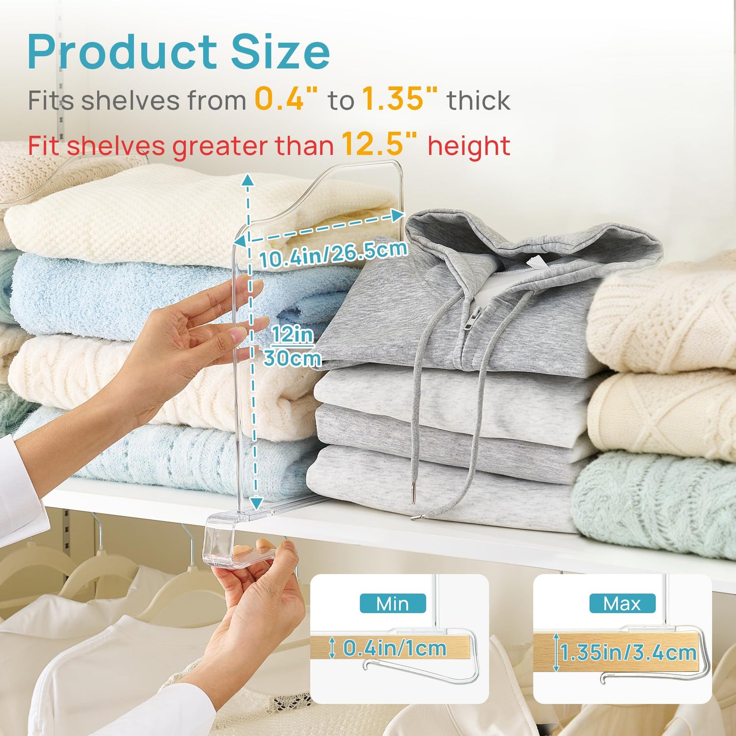 Vtopmart 4 Pack 12in Height Shelf Dividers for Closet Organization, Clear Plastic Closet Shelf Dividers of Upgrade 12in for Maximizing Vertical Space Storage, Organizing Sweater, Jeans, Shirts, Bags