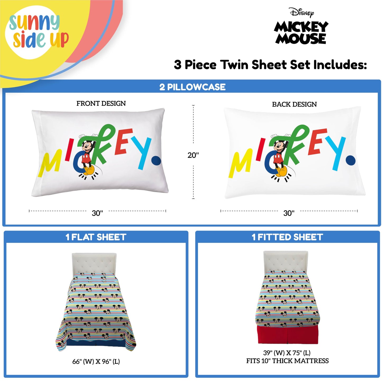 Sunny Side Up Disney Mickey Mouse Twin Sheet Set - 3 Piece Kids Bedding Set Includes Pillow Cover - Super Soft Microfiber Sheets