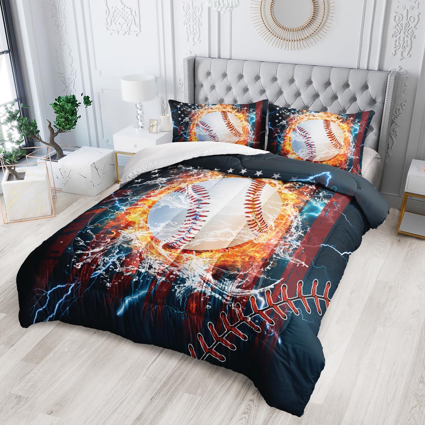 Nttopship Kids Baseball Comforter Sets King，Bedding Sets 3PCS for Kids,Sports Theme Bedding Sets Sets All Season 1 Comforter and 2 Pillowcases