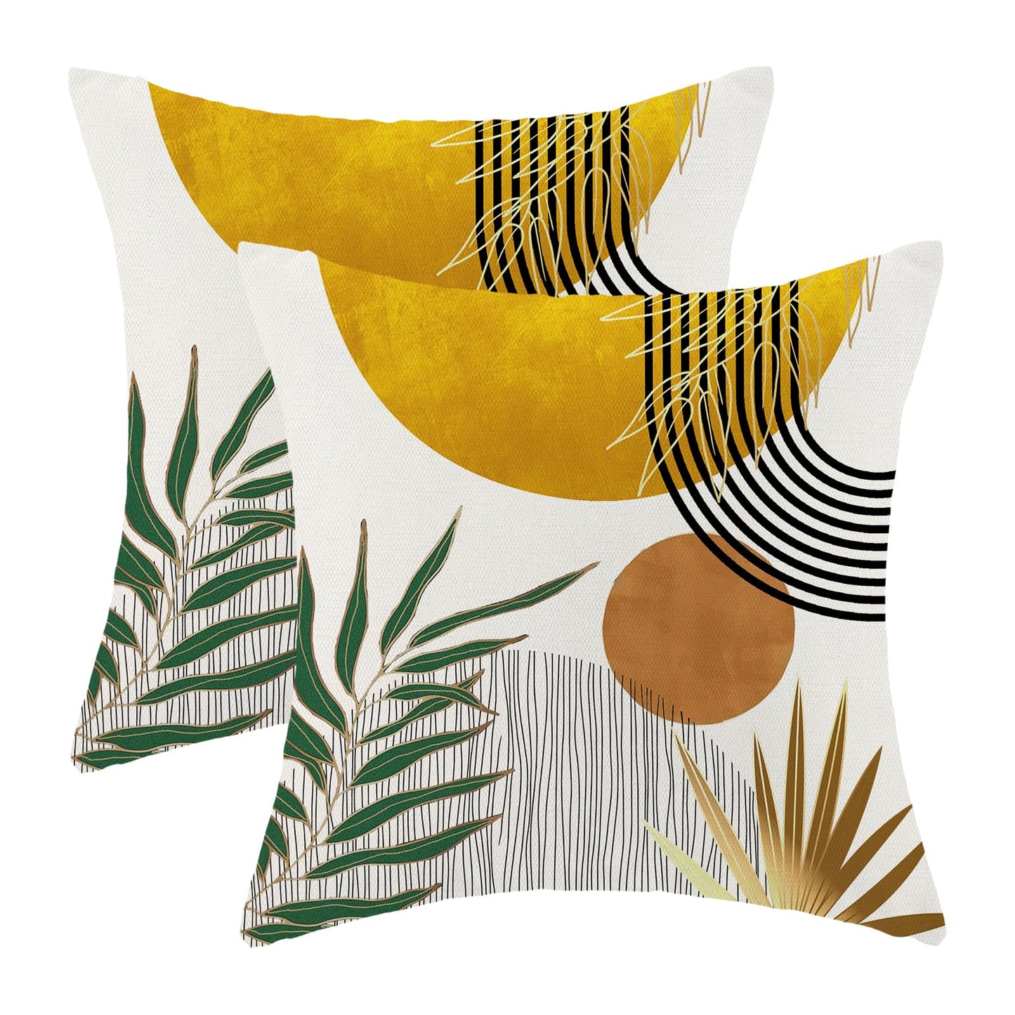 Boho Pillow Covers 16x16 Inch 2 Pcs,Mustard Yellow Green Tropical Leaf Summer Outdoor Decorative Throw Pillows,Mid Century Abstract Farmhouse Decor Pillowcase Linen Cushion Cover for Couch Sofa