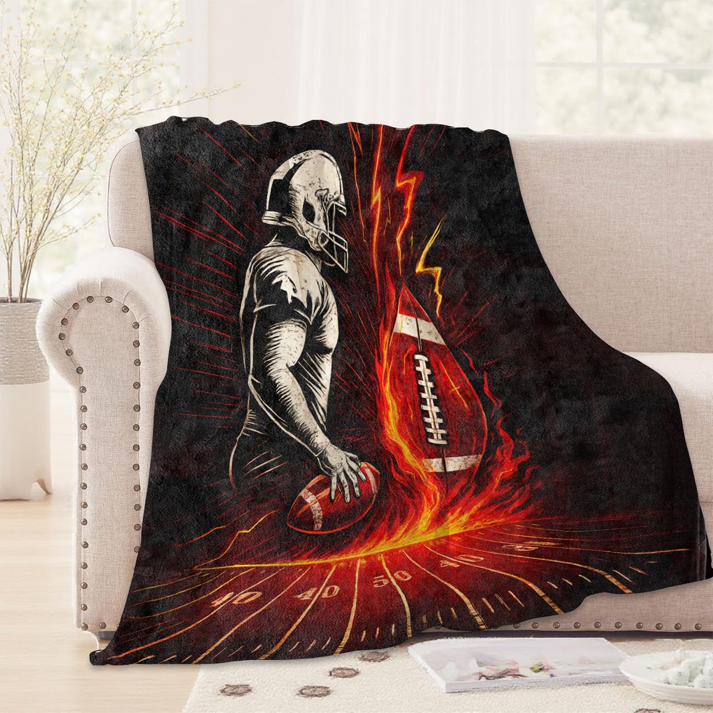 WKEDIN Football Blanket,50x60in,Cozy Flannel Throw with Fiery Balls and Player Sport Lightning Bolts Design,Soft Lightweight Gifts Blankets for Teens,Sofa Bed Travel Living Room Players Bold Decor