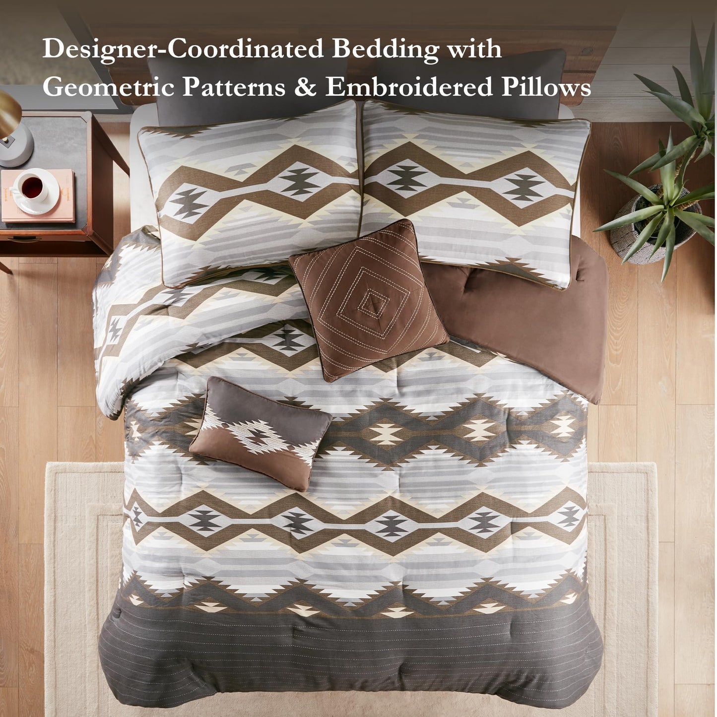 Woolrich Queen Comforter Set, Southwestern Aztec 8 Piece Bedding Set, Oversized All Season Down Alternative Comforter with Shams, Euro Shams, Decorative Pillows & Bedskirt, Rustic Cabin, Grey Brown