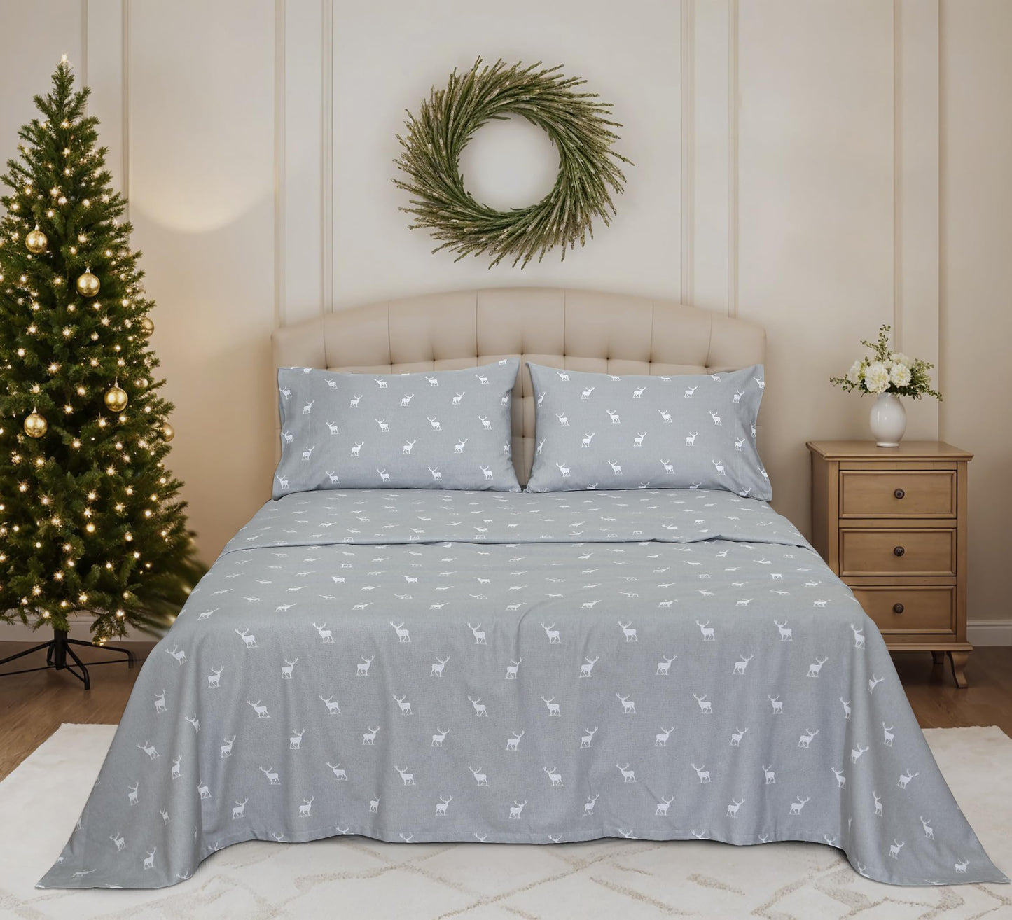 RUVANTI Flannel Sheets Queen Size - 100% Cotton Double Brushed Bed Sheets, Deep Pockets 16 Inches Queen Sheet Set, All Seasons Breathable & Extra Soft - Warm & Cozy, 4 Piece, Celestial Stag