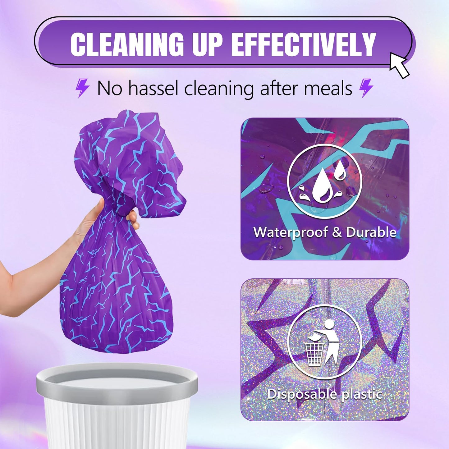 2 Pack K-Style Purple Birthday Decorations, 54x108 Inch Iridescent Holographic Laser Tablecloth Purple Lightning Pattern Disposable Waterproof Plastic Table Covers for Kids Girl Disco Halloween Party