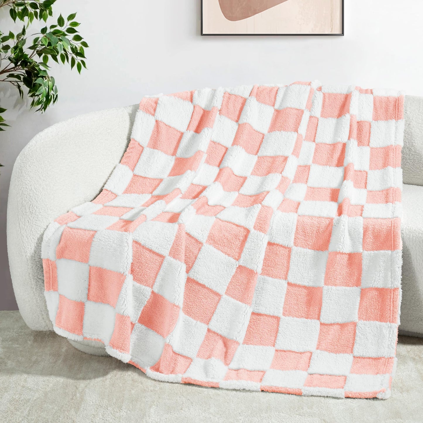 Exclusivo Mezcla Fleece Blanket Twin Size, Cozy Lightweight and Fuzzy Checkered Blankets for Couch or Bed, Suitable for All Seasons, Pink, 60" x 80"