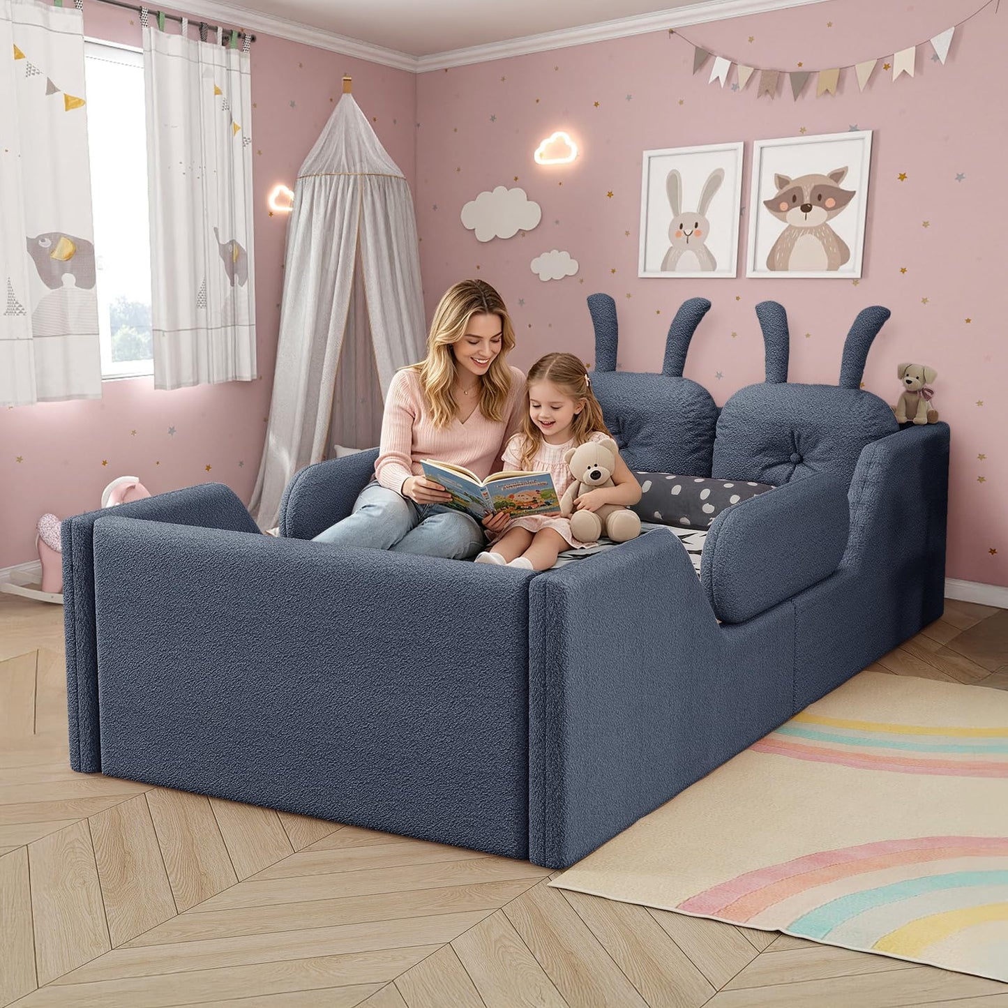 Duigonp Twin Size Kids Bed, Comfy Boucle Fabric Twin Daybed with Rabbit Cushions & Removable Side Rails, Upholstered Platform Bed, Cute Cozy Floor Bed for Girls, Boys, Teenager(Gray)