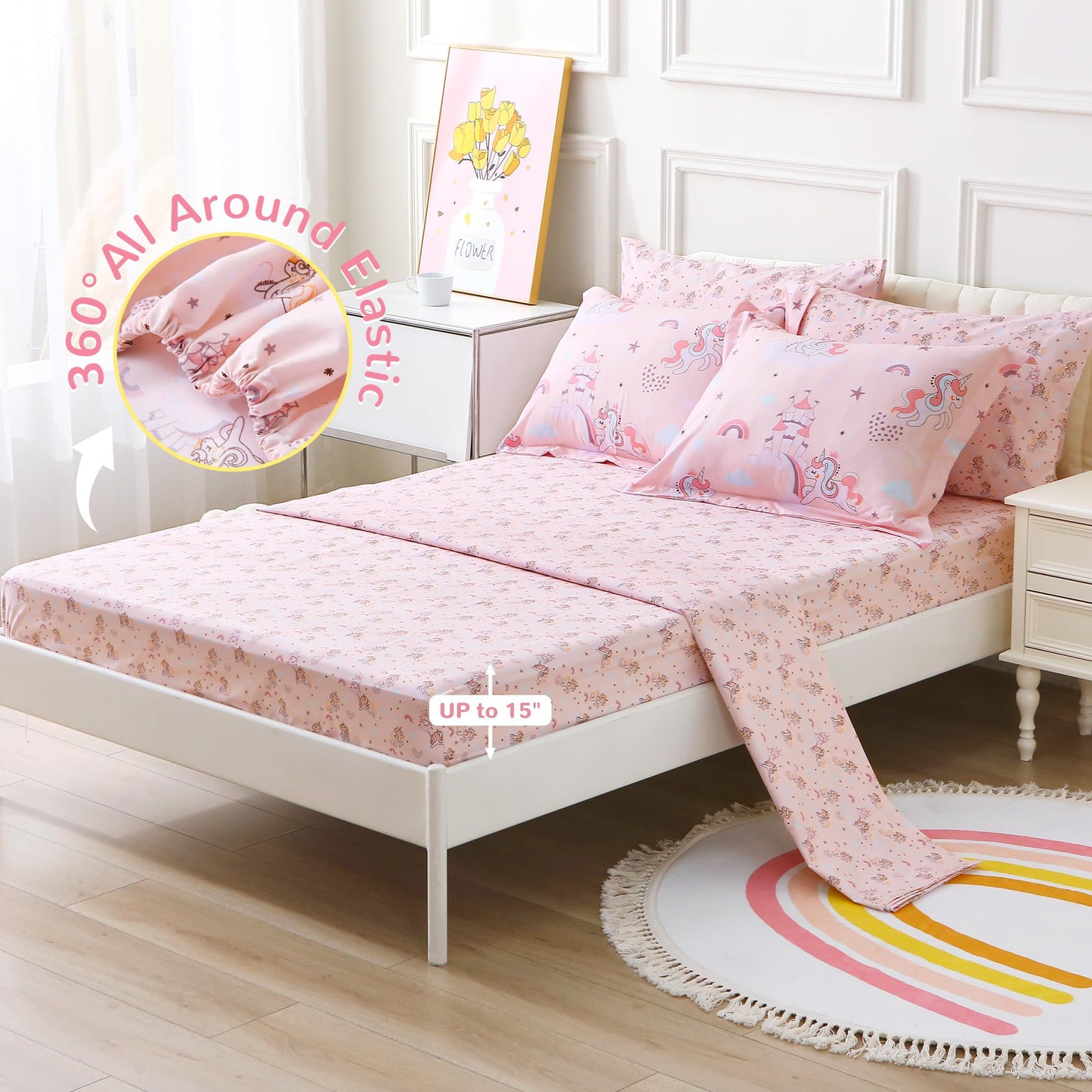 Viviland Kids Full Bedding Sets for Girls, Soft Full Comforter Set with Sheets, 7 Pieces Microfiber Bed in a Bag, Pink Unicorn