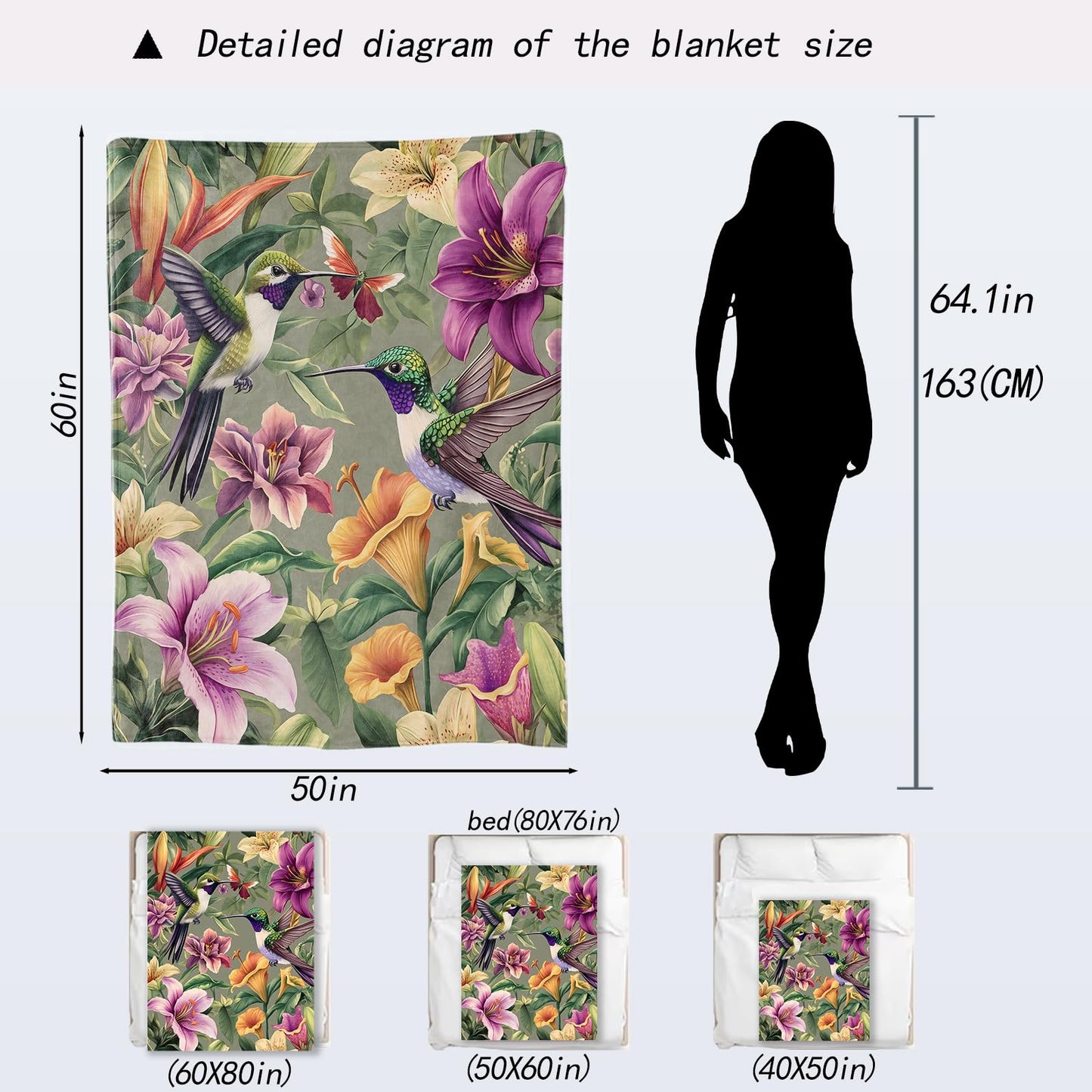 ainori Vibrant Hummingbird Blanket - Lily Floral Tranquil Fleece Throw,Gifts for Adult, Soft & Warm,Lightweight, for Modern Art Decor, Nature Lovers,Room Home Accents 50x60in