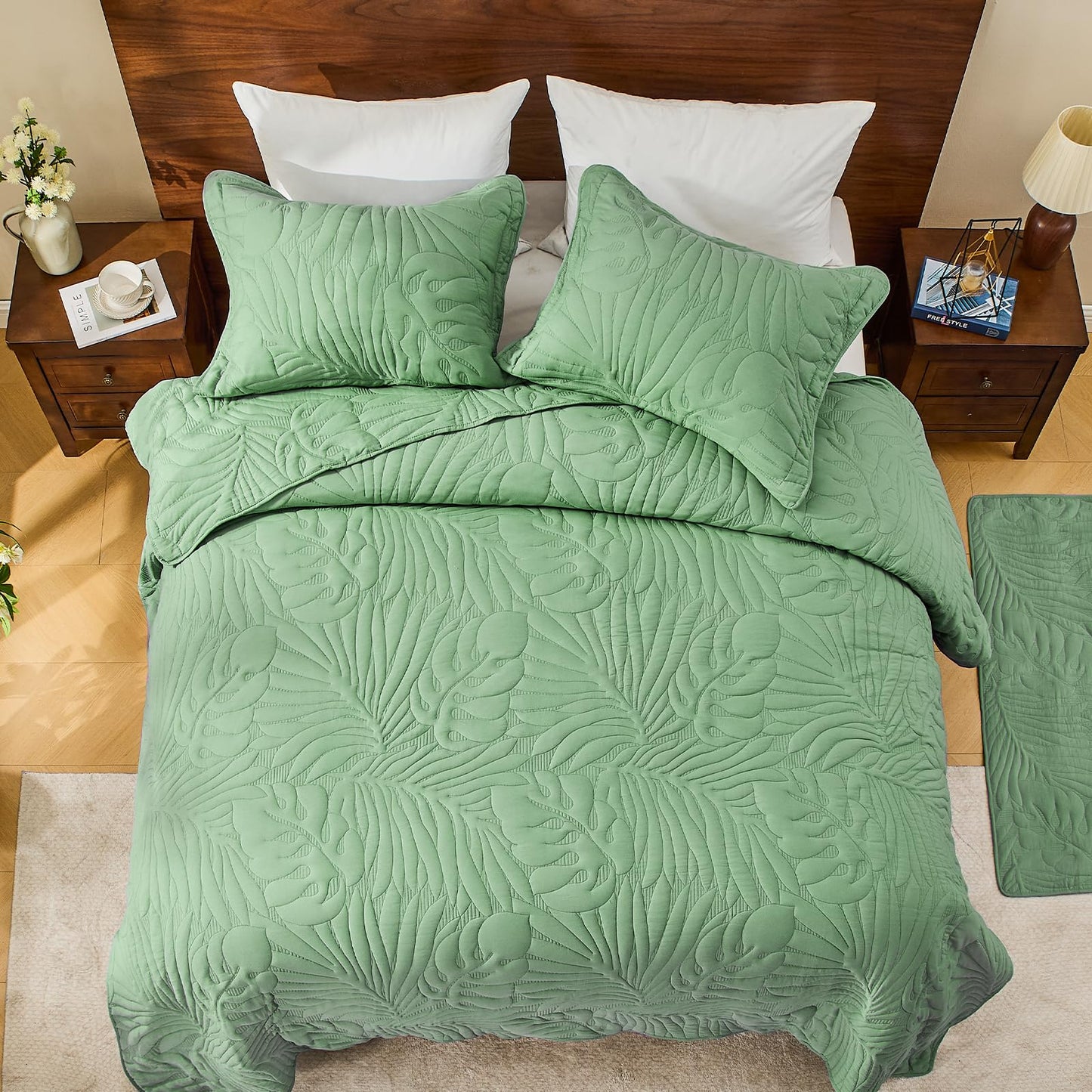 DaisyHuang Botanical Quilt Set King Size -Leaves Pattern Stitching Quilt Set - Elegant & Fresh Style Bedspread Coverlets, Ultra Soft, Reversible, Lightweight, 4 Piece with Floor Mat, Olive Green