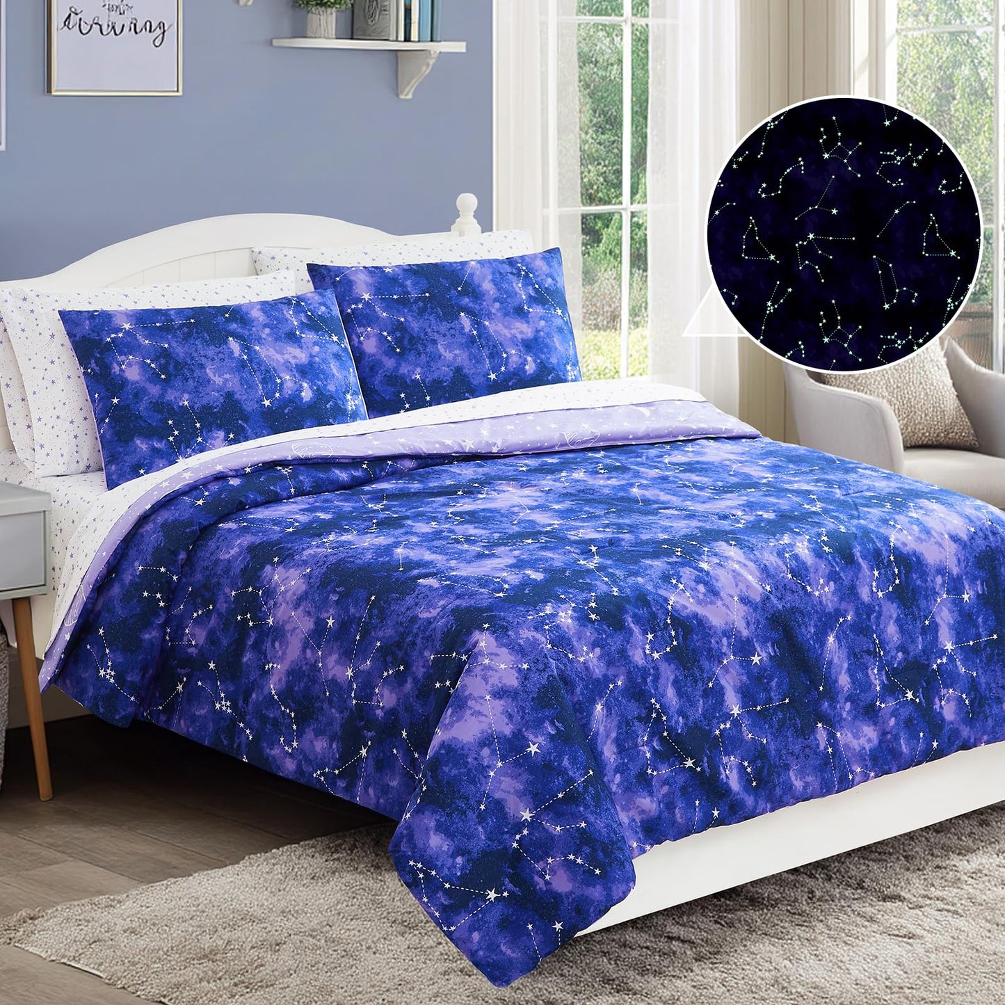 Wink Deer Full Size Comforter Set -7 Pieces Girls Boys Galaxy Glow in the Dark Full Bedding Sets for Kids, Ultra Soft Bed in A Bag with Sheets