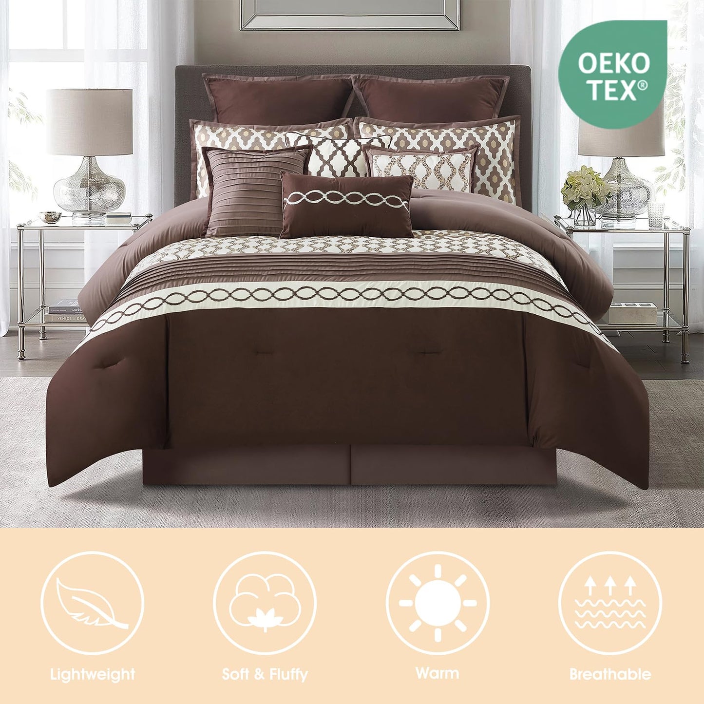 LANCO MODERN LIFESTYLE Queen Comforter Set, Brown, 10 Piece Bed in a Bag for All Seasons, Luxury Extreme Comfort Bedding Sets with Bedskirt, Pillow Shams, Euro Shams and Decor Pillows