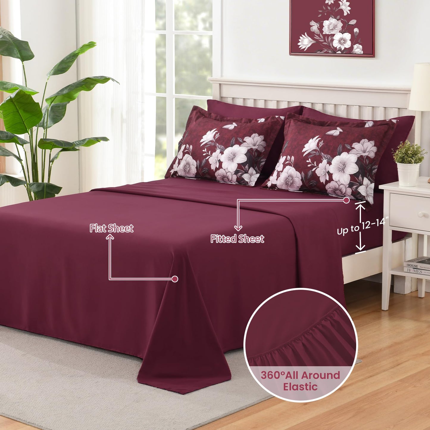 DHSFKBE Floral Comforter Set Queen Size, 7 Pieces Burgundy Bed in a Bag, Elegant Floral Butterfly Comforter and Sheet Set, Soft Microfiber Bedding Set for All Seasons(Burgundy,90"x90")