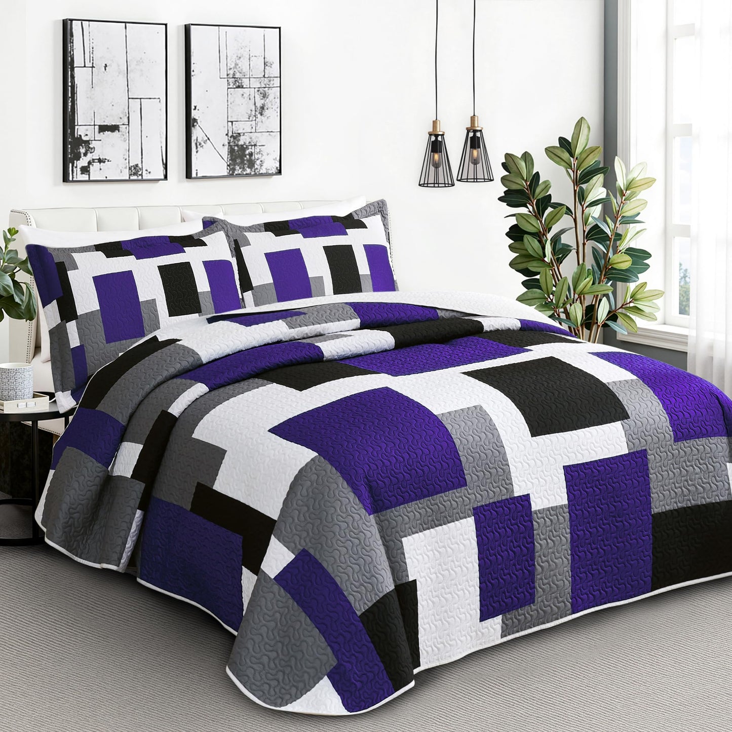 Tyrot 3 Piece Dark Purple Grey Quilt Set Full/Queen Size Black White Geometric Reversible Bedding Set Microfiber Lightweight Bedspread Coverlet with 2 Shams Modern Bed Covers for All Season, 90''x96''