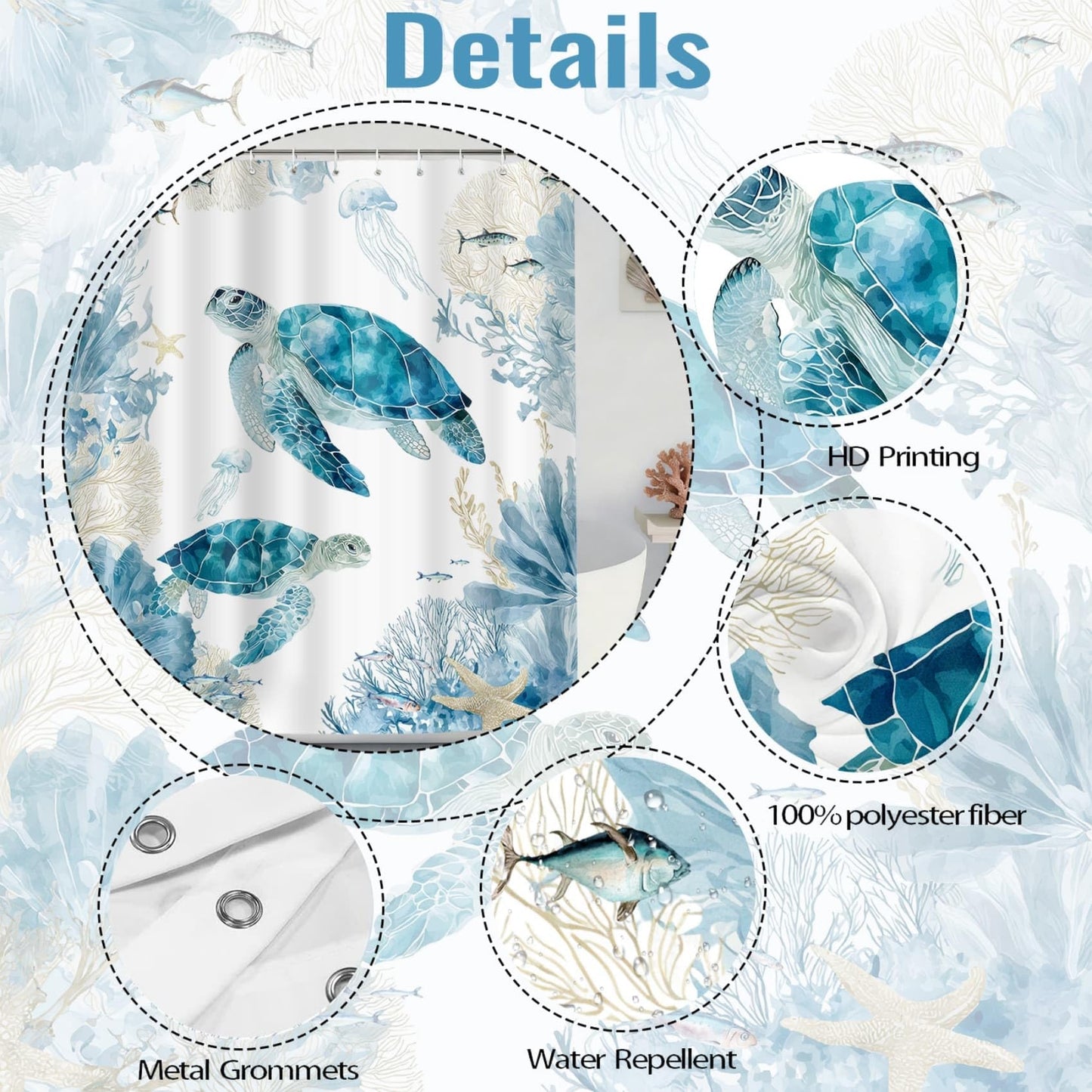 TYTYUU Sea Turtle Shower Curtain for Bathroom, Ocean Themed, Blue, 72x72In