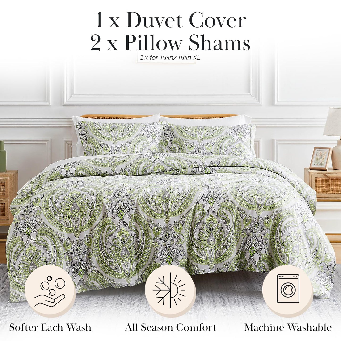 Southshore Fine Living, Inc. Oversized Paisley Duvet Cover King/California King, Hotel Quality Microfiber Pet Hair Resistant Bedding, 1 Cal King Duvet Cover, 2 Shams, No Insert - Pure Melody Green