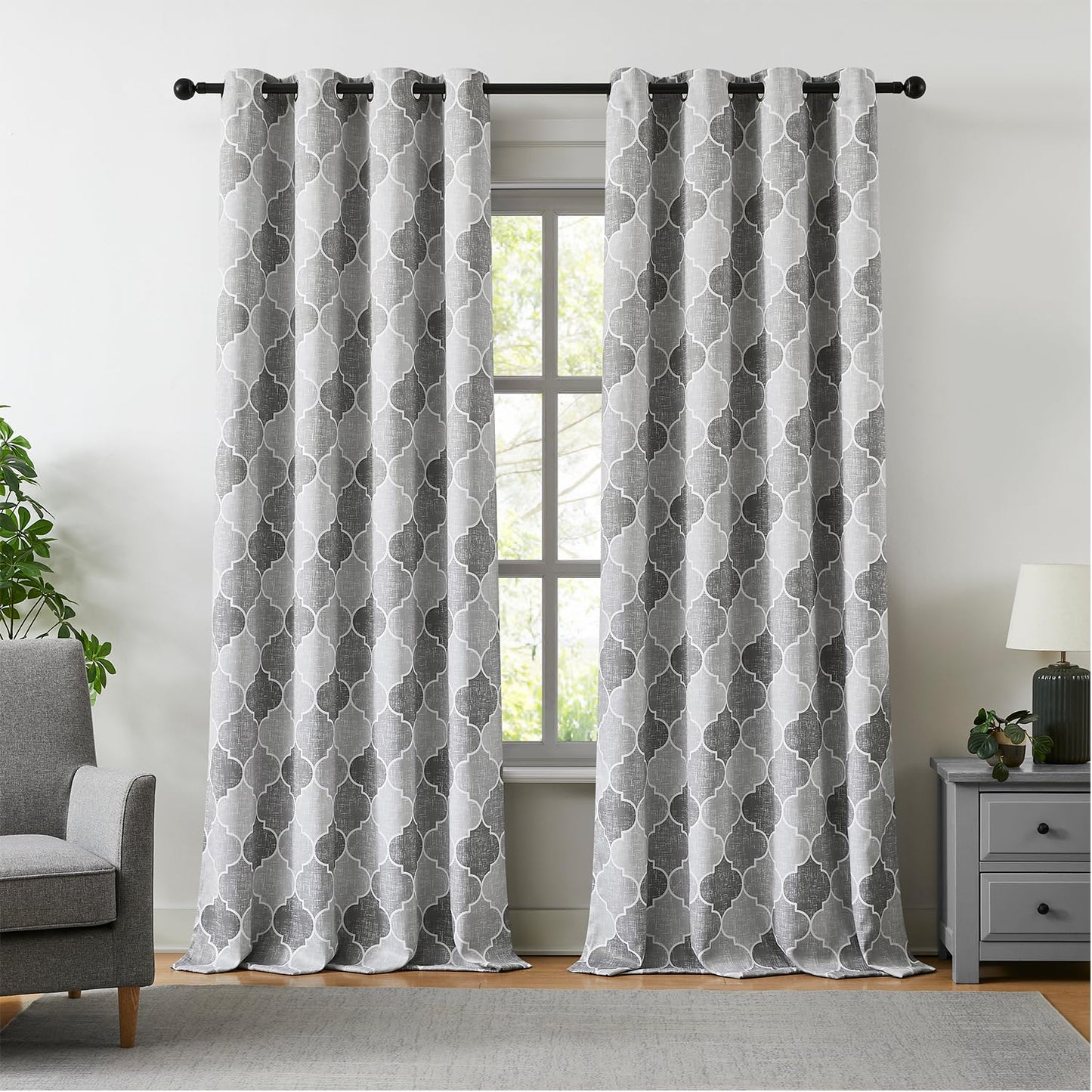 Ronaldecor Full Blackout Curtains 84 Inches Long 2 Panels Gray Moroccan Lattice Patterned Drapes Room Darkening Thermal Insulated Grommet Top Window Treatments Sets for Bedroom Living Room, 52" W