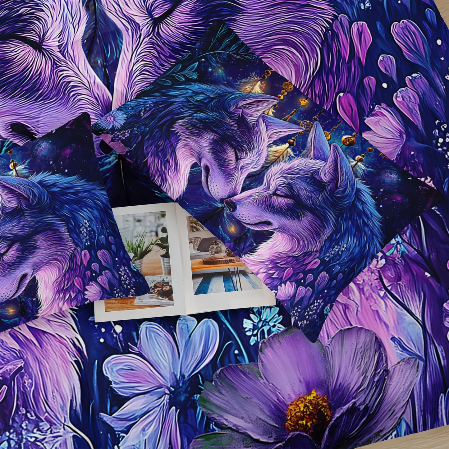 lneffble Purple Wolf Bedding Comforter Set Full Size，Dreamcatcher Flower Quilt Bedding Set Full，with 1 Comforter with 2 Pillow Case，Wolf Bedroom Decor for Kids Girls Boy