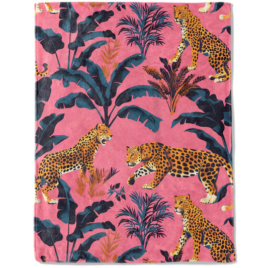 ainori Leopard and Tropical Leaves Flannel Blanket - Lightweight Soft Cozy Unique Gifts Blankets for Jungle Lovers,Kids,Adult,Women,Vibrant Pink Art Throw,Home Room Modern Decor 50x60in
