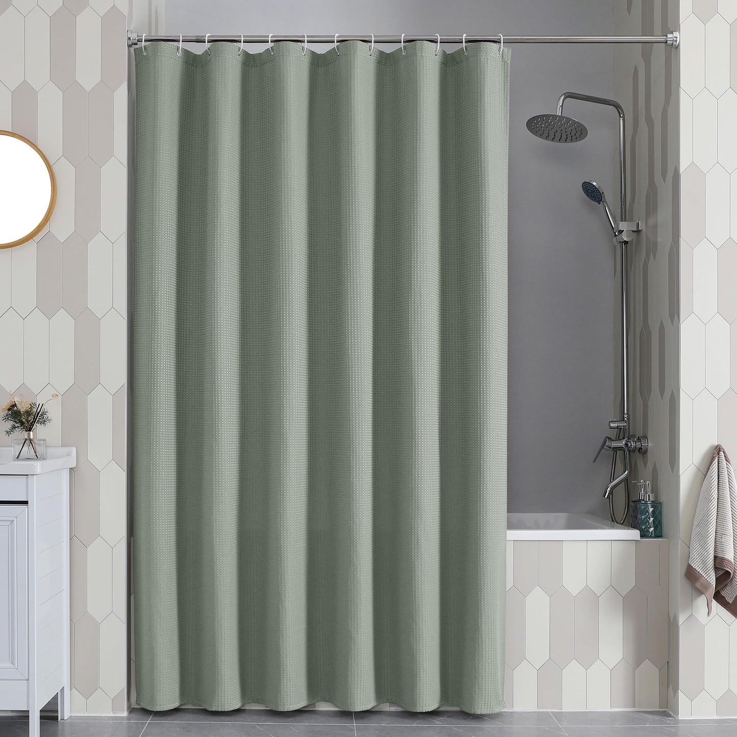 OVZME Extra Long Shower Curtain Set - 84 Inch Long Waffle Weave Heavy Duty Cloth Shower Curtain for Bathroom, Luxury Weighted 230GSM Bath Curtain Set with 12 Plastic Hooks, 72x84, Sage Green