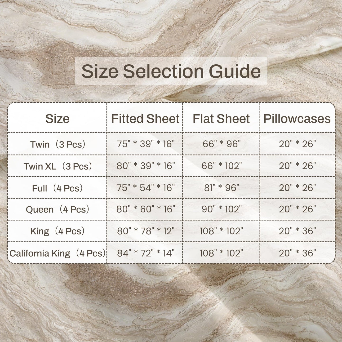 Marble Sheet Set, 4 Pcs Full Size Modern Bed Sheets, Beige