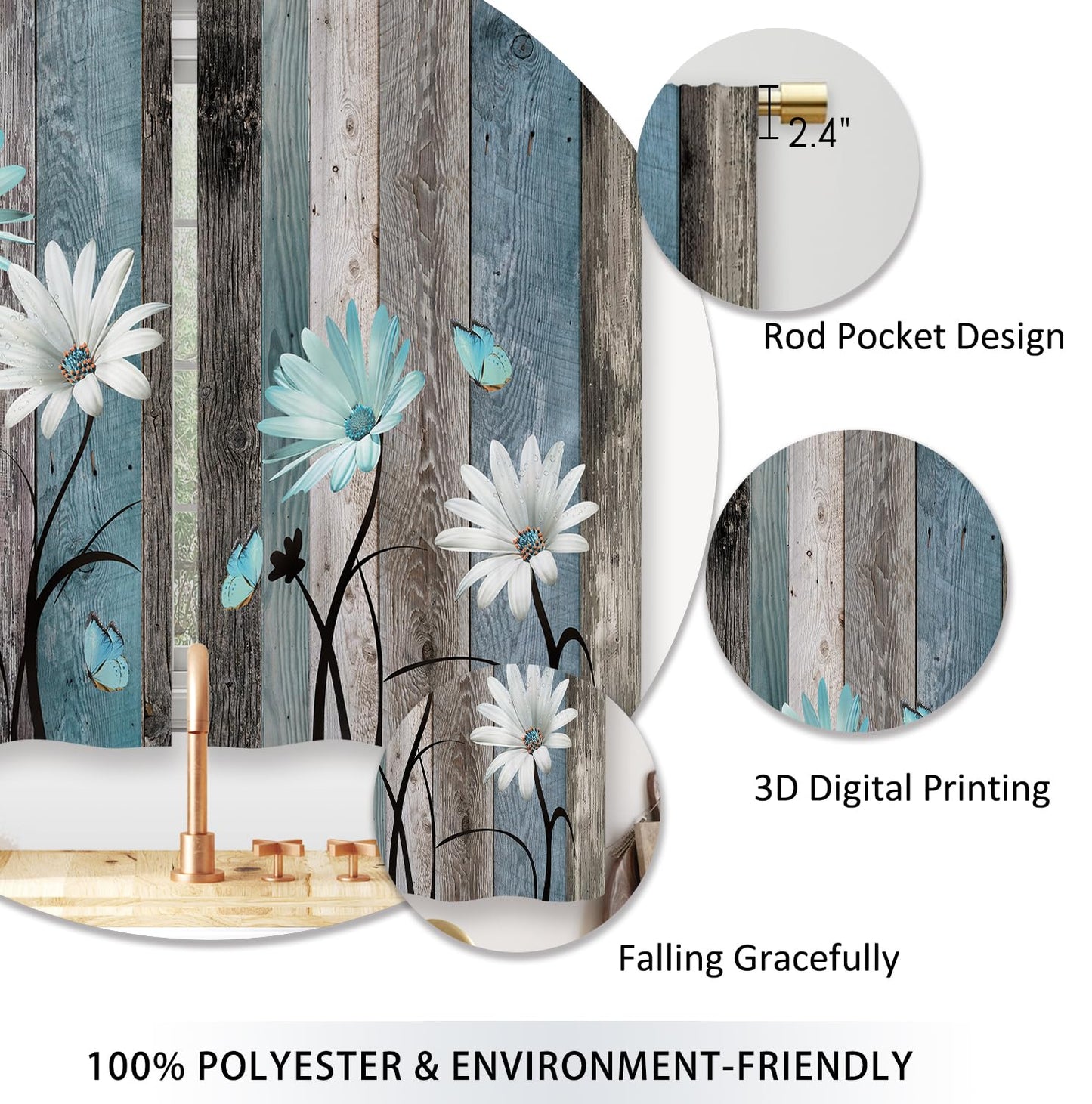 Laifzere Teal Farmhouse Daisy Kitchen Curtains Wooden Flower Small Short Cafe Window Curtains Rustic Floral Butterfly Country Bathroom Drapes Treatment Tier Curtains 2 Panels (27.5x39 Inch)