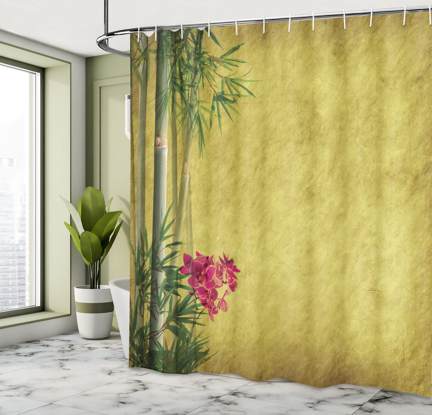 Ambesonne Asian Themed Shower Curtain, Wild Orchides Woodland Leaves on Old Antique Paper Floral Style Art, Cloth Fabric Bathroom Decor Set with Hooks, 69" W x 70" L, Yellow Green and Pink