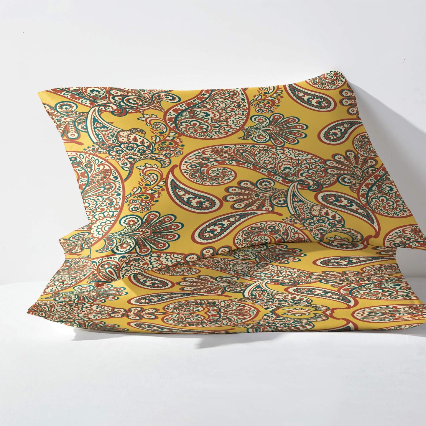 NOGAWA Yellow Paisley Sheets Full Size, Vintage Bohemian Bed Sheets, Boho Bedding Sheets & Pillowcases 4 Piece Set - Microfiber Deep Pocket Fitted Sheet & Flat Sheet & 2 Pillow Cases