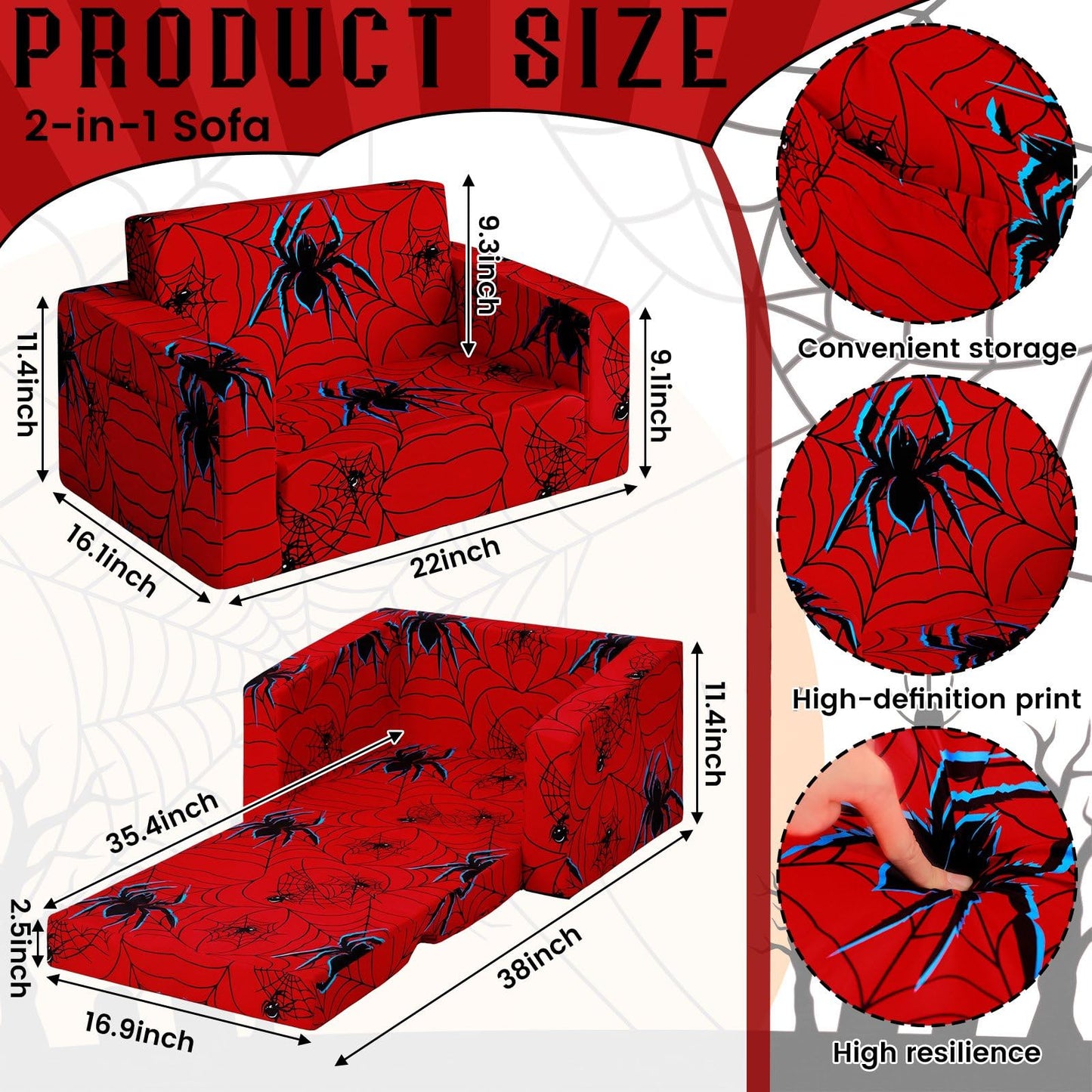 Sliner Kids Sofa 2-in-1 Flip-Out Chair Convertible Fold Out Kids Couch to Lounger Foam Soft Toddler Chairs Comfy Flipout Seat with Washable Cover for Ages 3 and up for Playroom Bedroom(Spider)