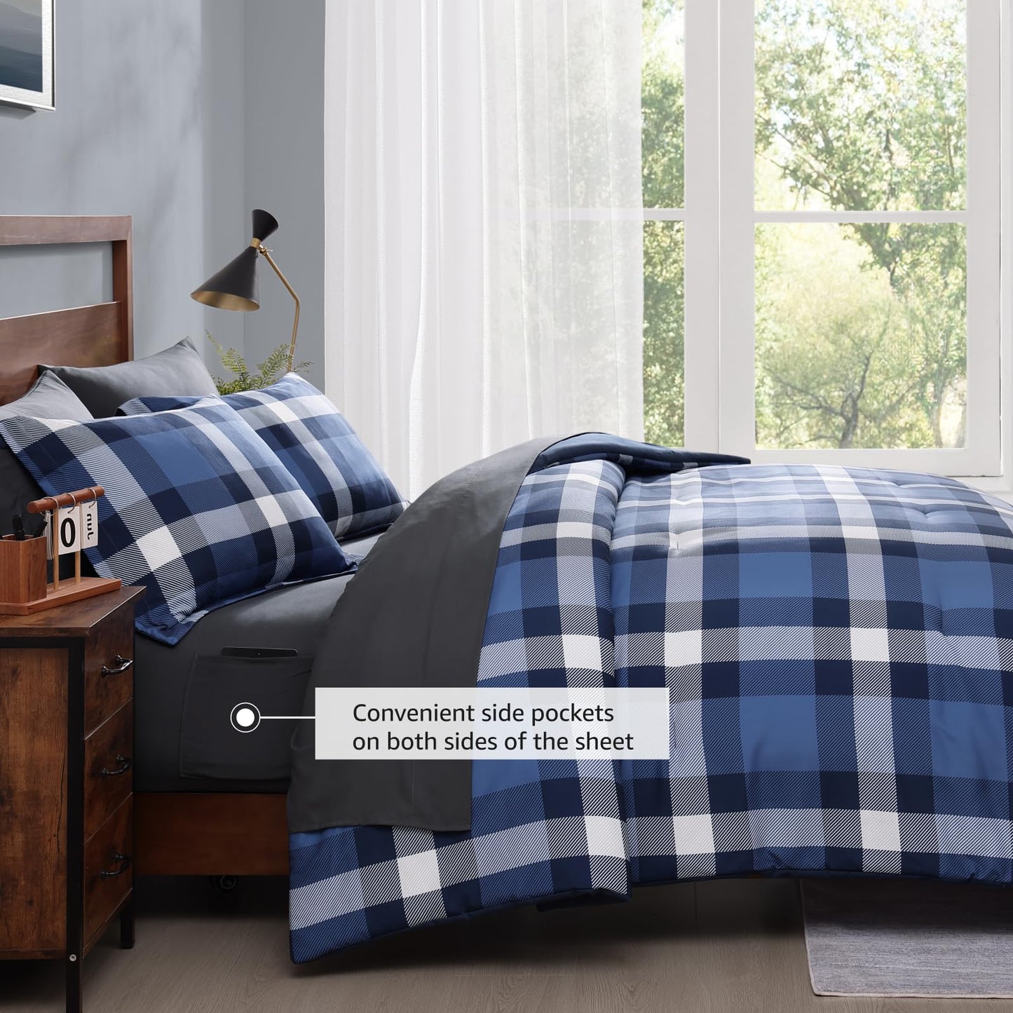 MaiRêve Queen Size Plaid Comforter Set Indigo Blue, Classic Checkered 7 Pieces Farmhouse Bedding Set, All Season Lightweight Bed in A Bag with Sheets, Pillowcases & Shams