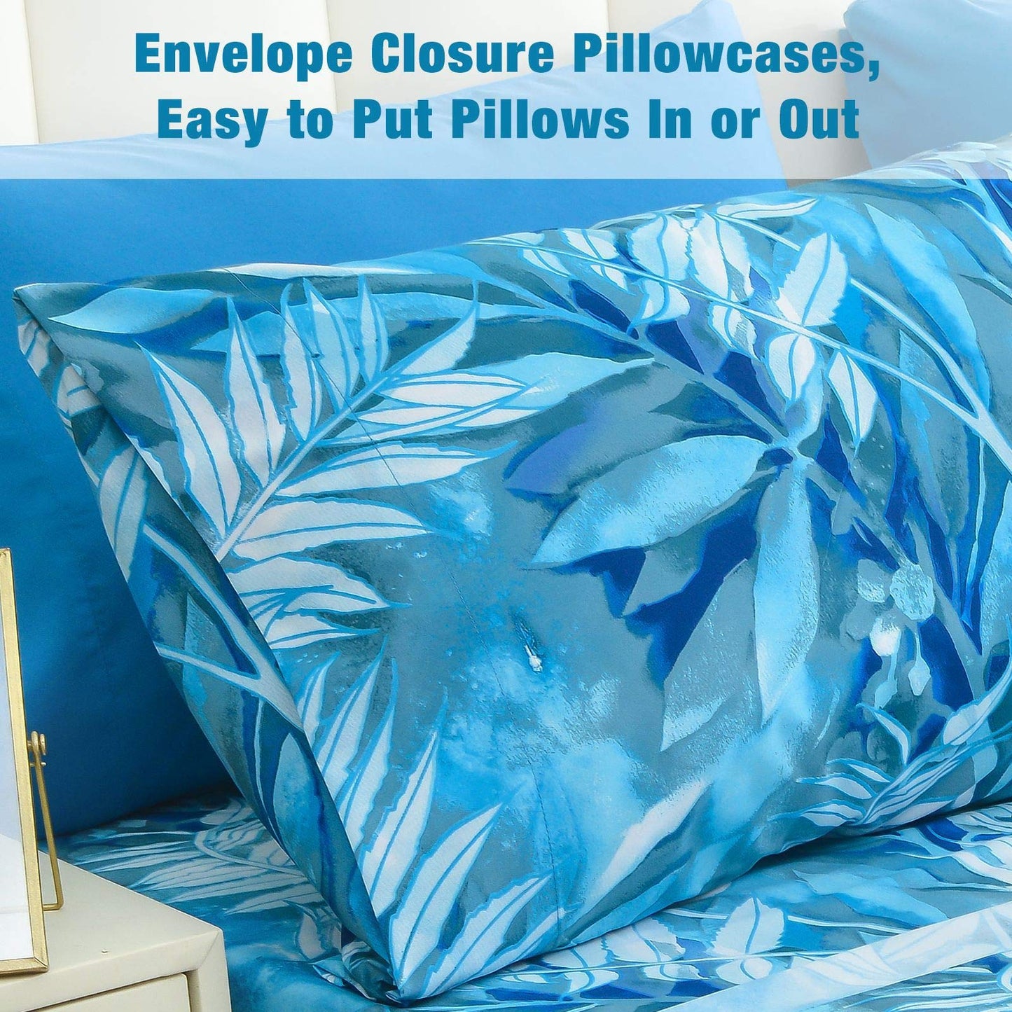 JSD Blue Tropical Leaves Print Sheet Set Queen Size, 6 Piece Soft Pattern Microfiber Bed Sheets Extra Deep Pocket