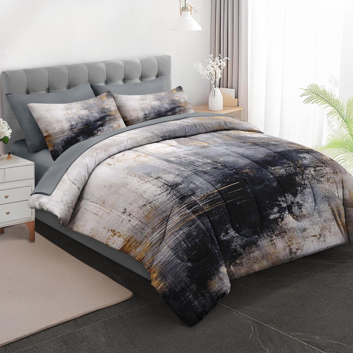 Boewywh Comforter Set Twin Size Abstract Modern Gold 7 Pcs, Bedding for Kids and Adults, Bed Sheet Sets with Fitted Sheet 2 Pillowcases & 2 Shams for Bedroom Bed Decor