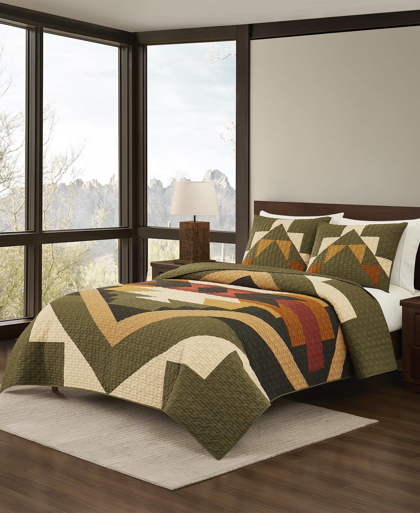 Pendleton King Quilt Set – 100% Cotton 3 Piece Quilt Set with Shams, Soft Lightweight Bedding for King Size Bed, Green & Beige Patterned Comforter Alternative, King Bedding Set (Tumalo)