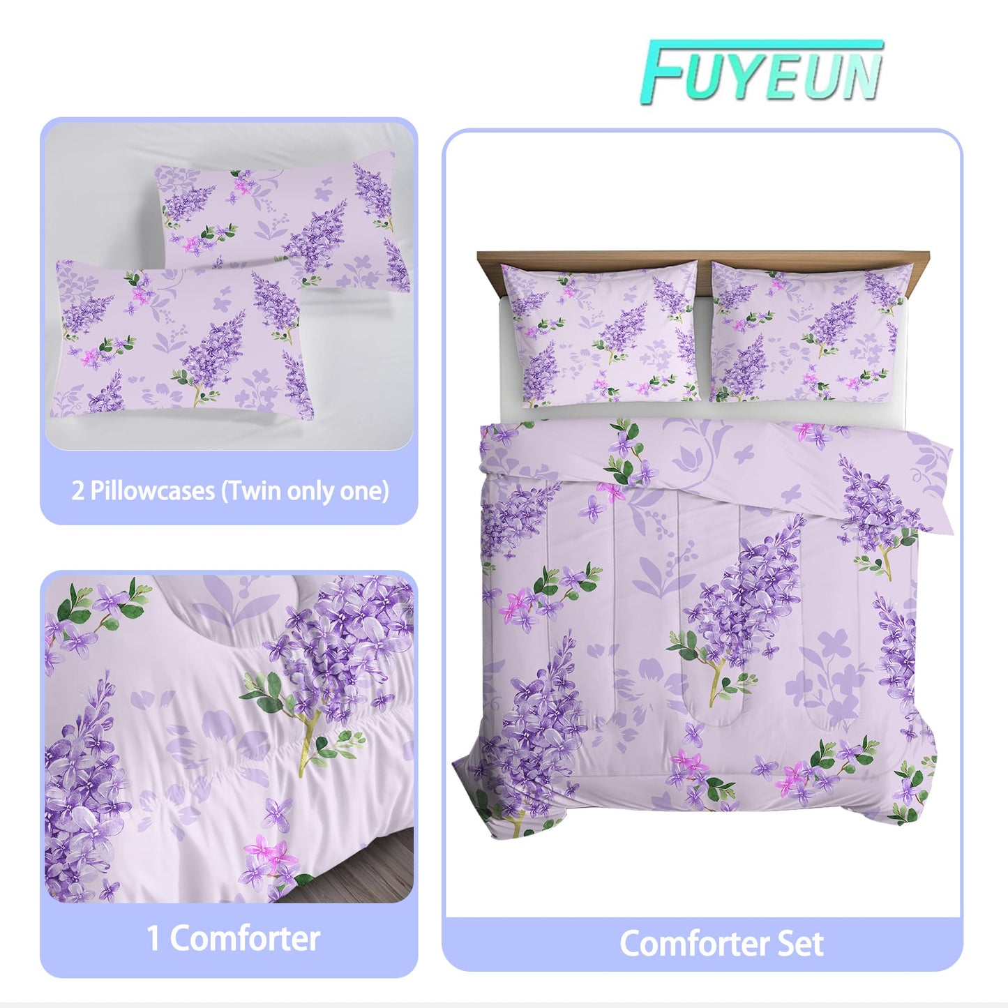 FUYEUN Floral Bedding Set Full : Purple Lilac Flower Comforter Set for Girls Women Kids Teens Bedroom Bed Bedspread Quilt,1 Comforter,2 Pillow Cases