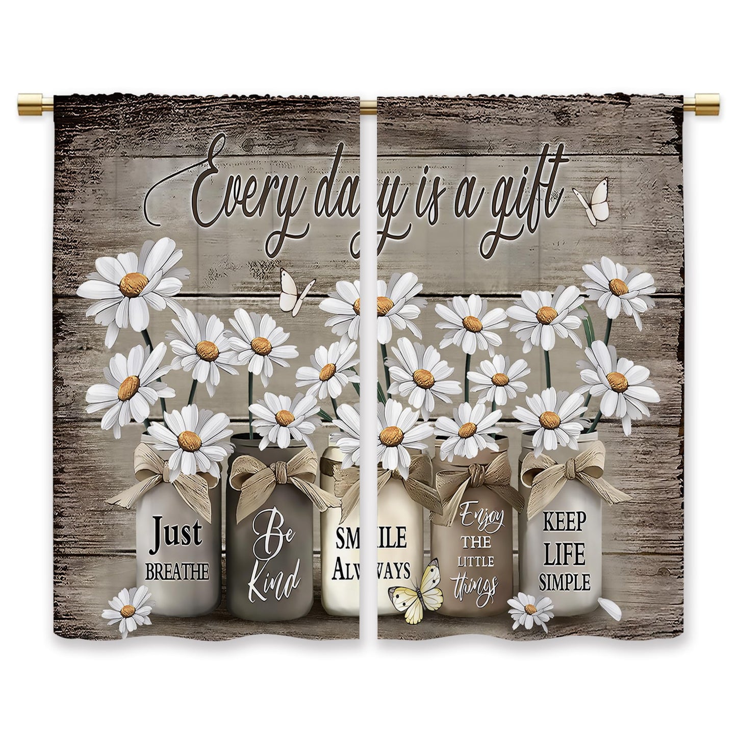 Laifzere Farmhouse Floral Kitchen Curtains Daisy Rustic Vintage Flower Inspirational Small Short Cafe Window Curtains Wooden Country Quotes Bathroom Tier Window Treatment Drapes (27.5x39 Inch)