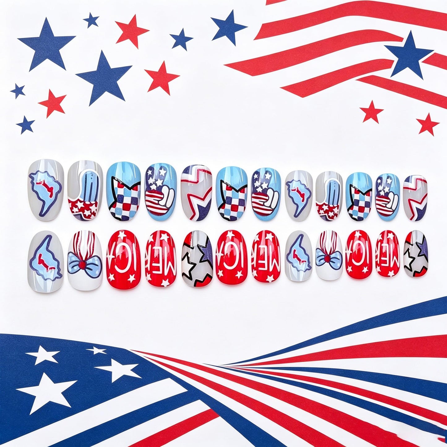 24Pcs Cute Independence Day Press on Nails Short Oval Fake Nails Red Blue Two Colors False Nails Star Letter Design Stick on Nails Full Cover Acrylic Glue on Nails for Women