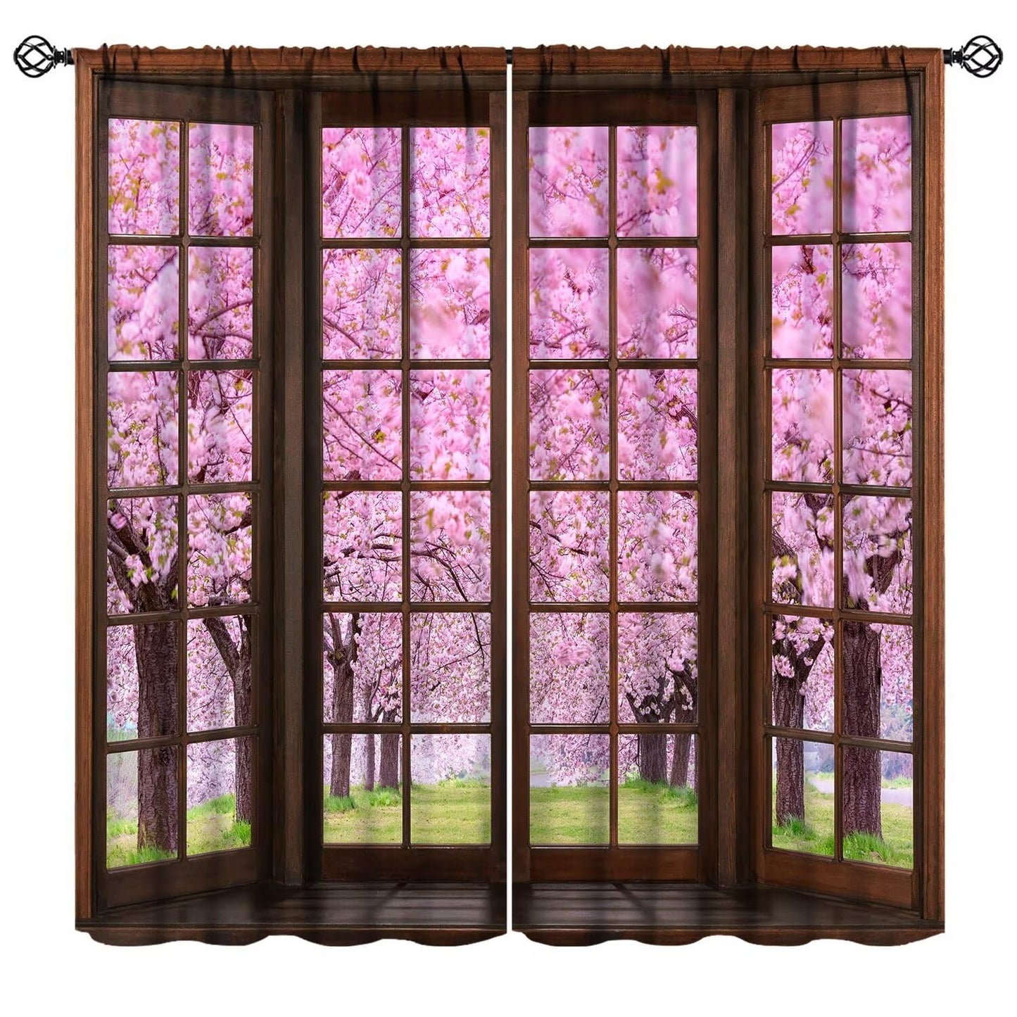 Mchenxin Cherry Blossom Landscape Curtains, Spring Natural Park Scenery Japanese Pink Pink Cherry Blossom Window Drapes Curtains for Farmhouse Bedroom Living Room, 42x45in (No Blackout)
