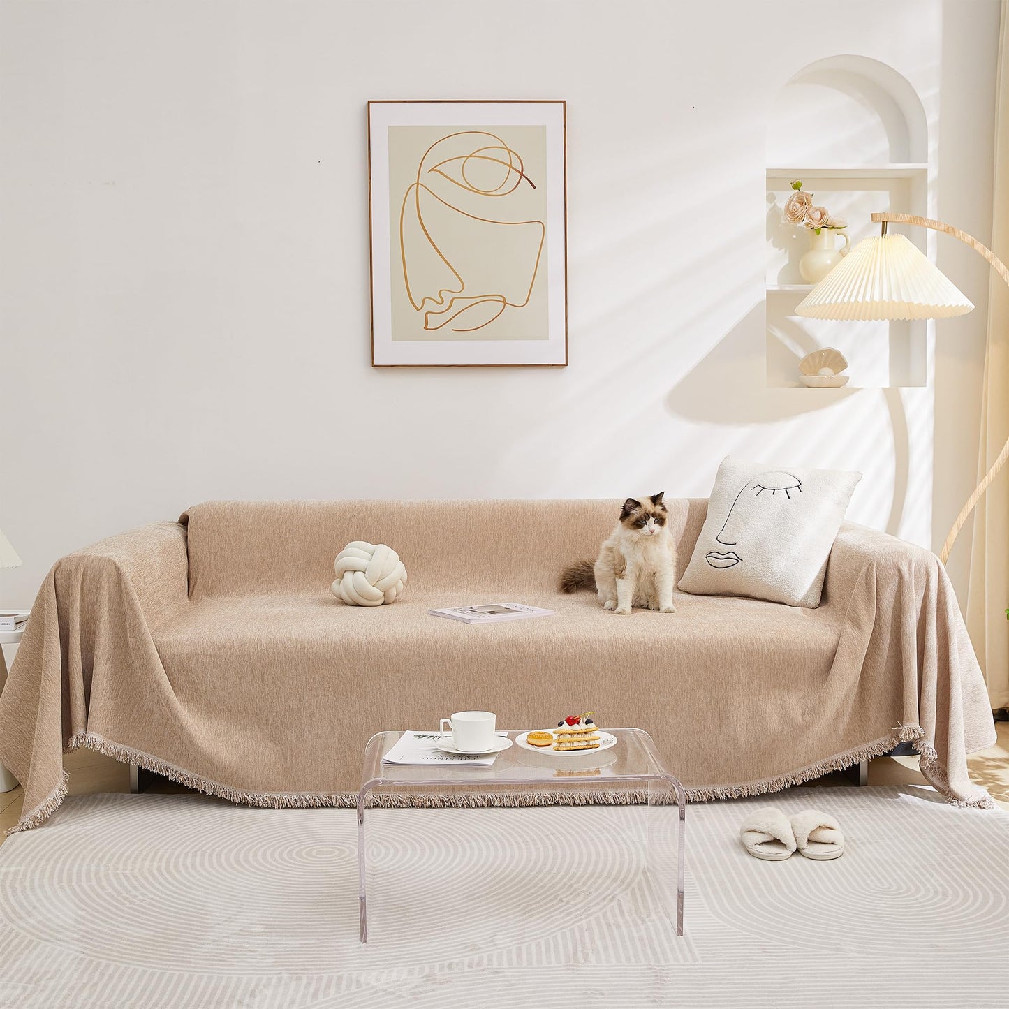 MEETSKY Sofa Cover Couch Covers for 2 Cushion Couch Sofa, Washable Couch Cover Blanket with Tassel for Living Room Sectional Sofa Slipcovers for Dogs Large Couch Protector, 71" x 118", Khaki