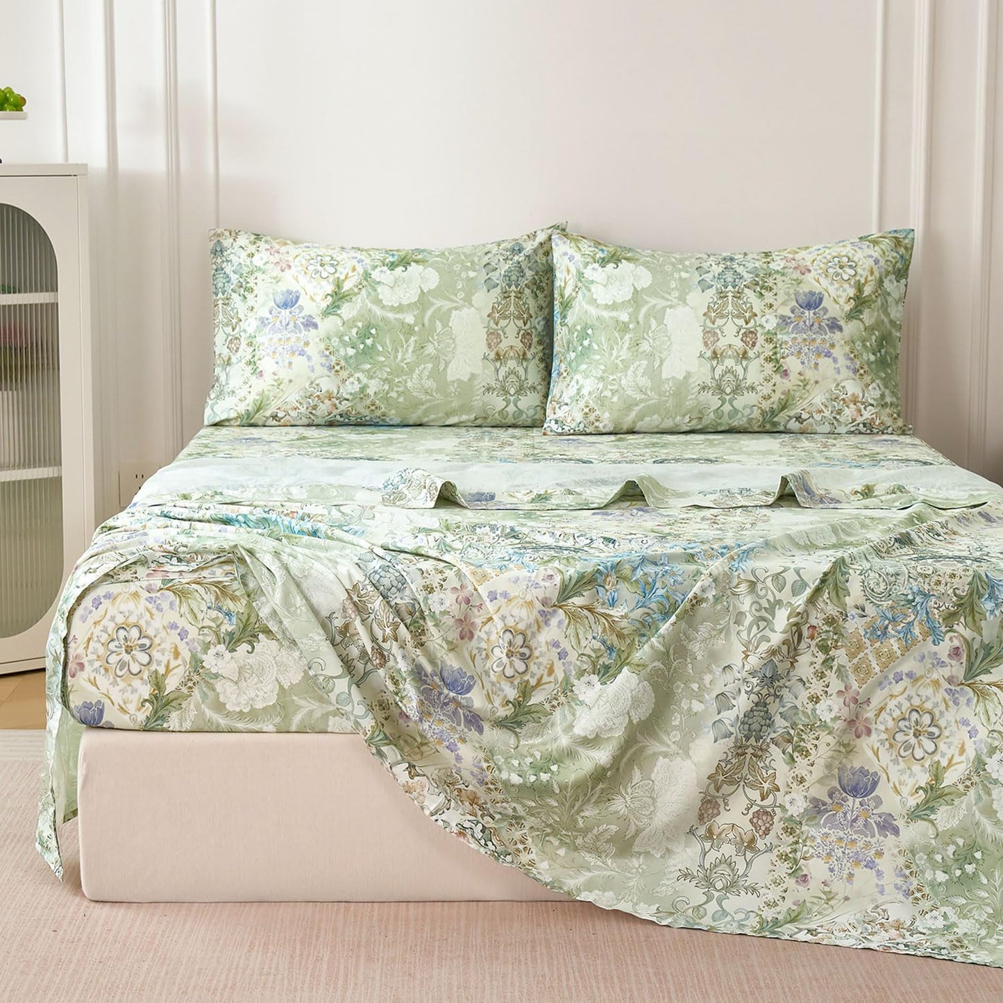 Zusbest Queen Sheet Set Luxury Sage Green Floral Bed Sheets 100% Cotton, Satin Weave Soft Silky Breathable for Hot Sleepers American Country Style Vintage Flower Deep Pocket 17.5‘’ Bed Set 4Pcs
