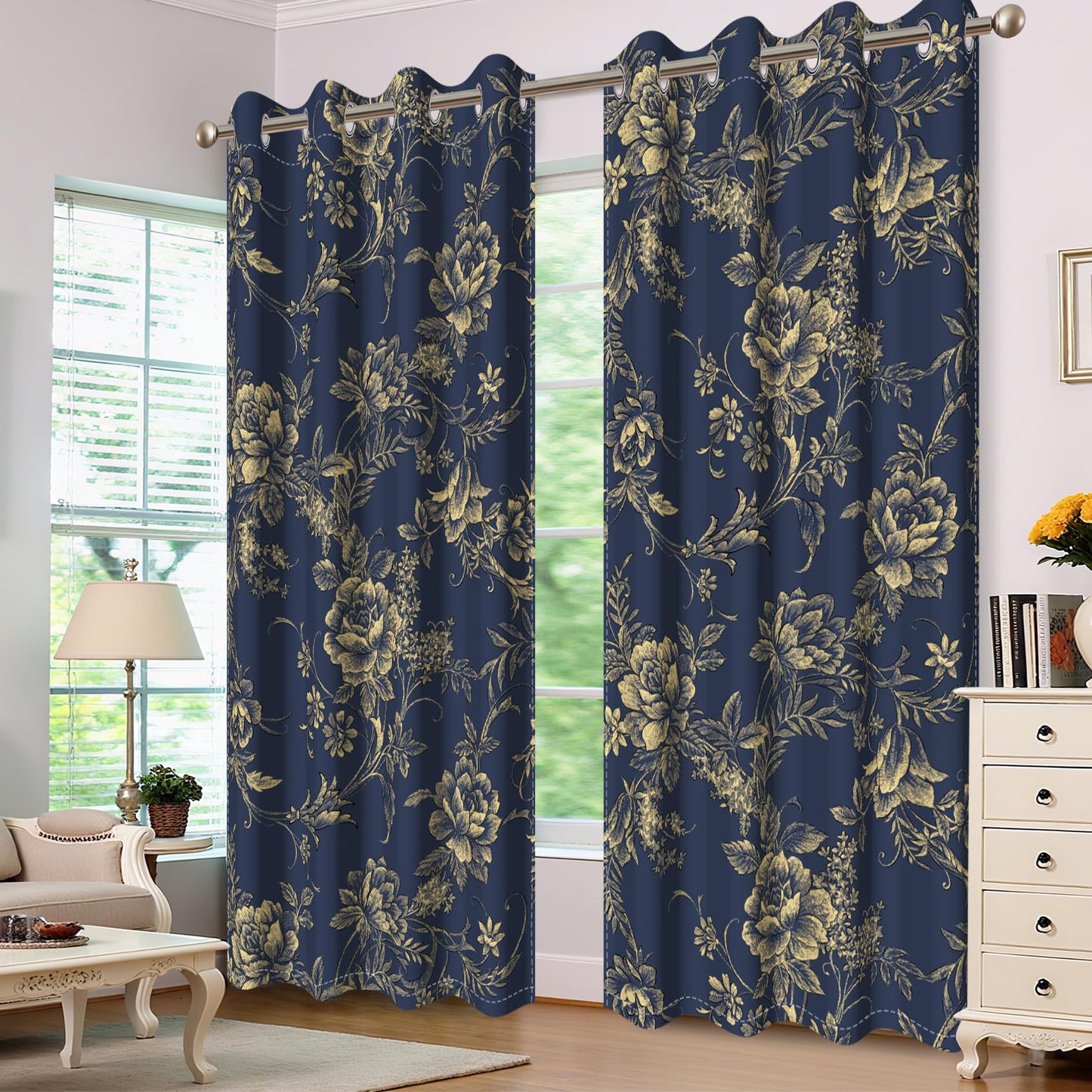 Baocicco Blackout Floral Curtains for Bedroom, 45 inch Long Printed Flower Black Out Curtains, French Country Window Treatment Farmhouse Drapes Set 2 Panels Blue 21Wx45L