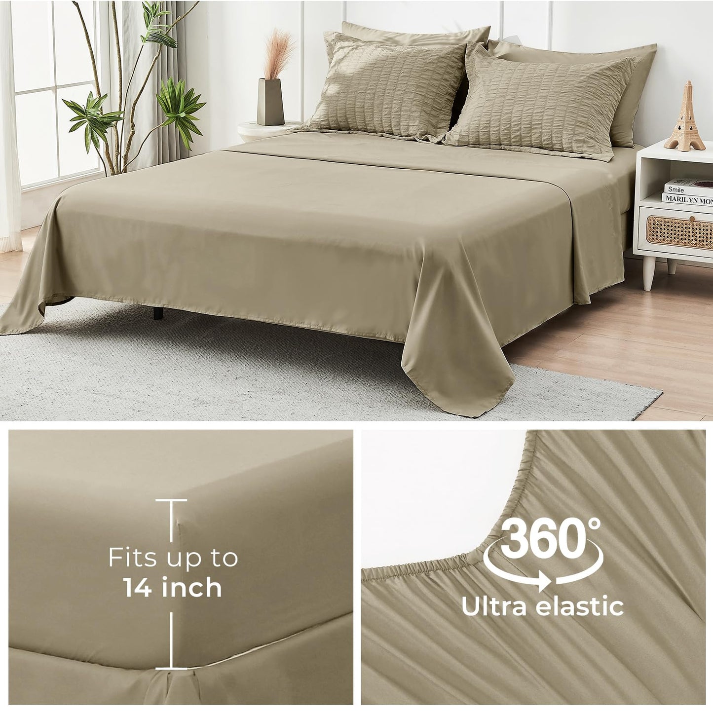 HYMOKEGE Linen Oversized Queen Comforter Set Seersucker 7 Pieces, All Season Luxury Bed in a Bag for Bedroom, Bedding Set with Comforter, Sheets, Pillowcases & Shams