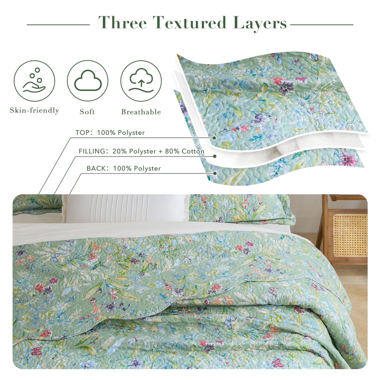 Masaca Oversized King Bedspread 128"x120",Green Floral Quilt Set Oversized 3Pcs Lightweight Flower Bird Butterfly Print Botanical Scallop California King Size Bedding Coverlet Extra Large