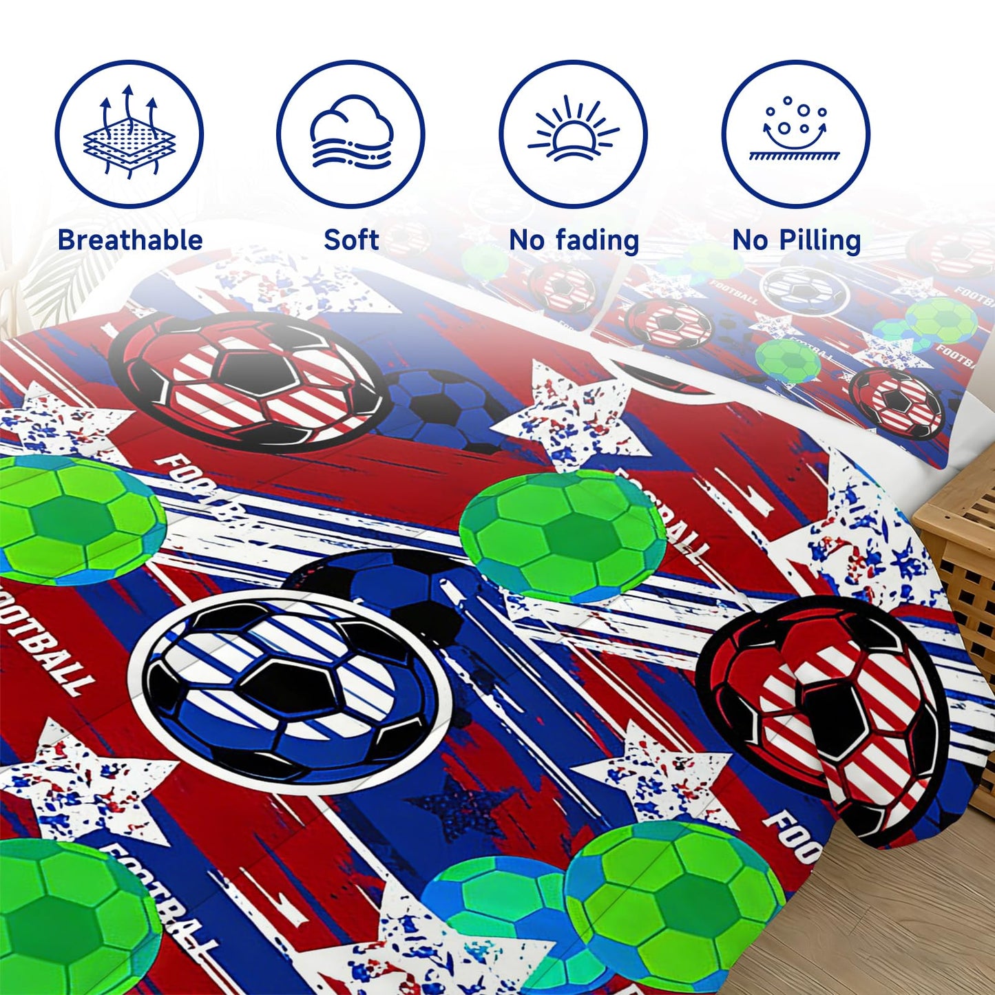 CERYUEE Soccer Comforter Set Football Bedding Set Sports Theme Red Blue Green Quilt Twin Bed Sets for Kids Teen Boys Bedroom Decor 1 Comforter+ 1 Pillowcase